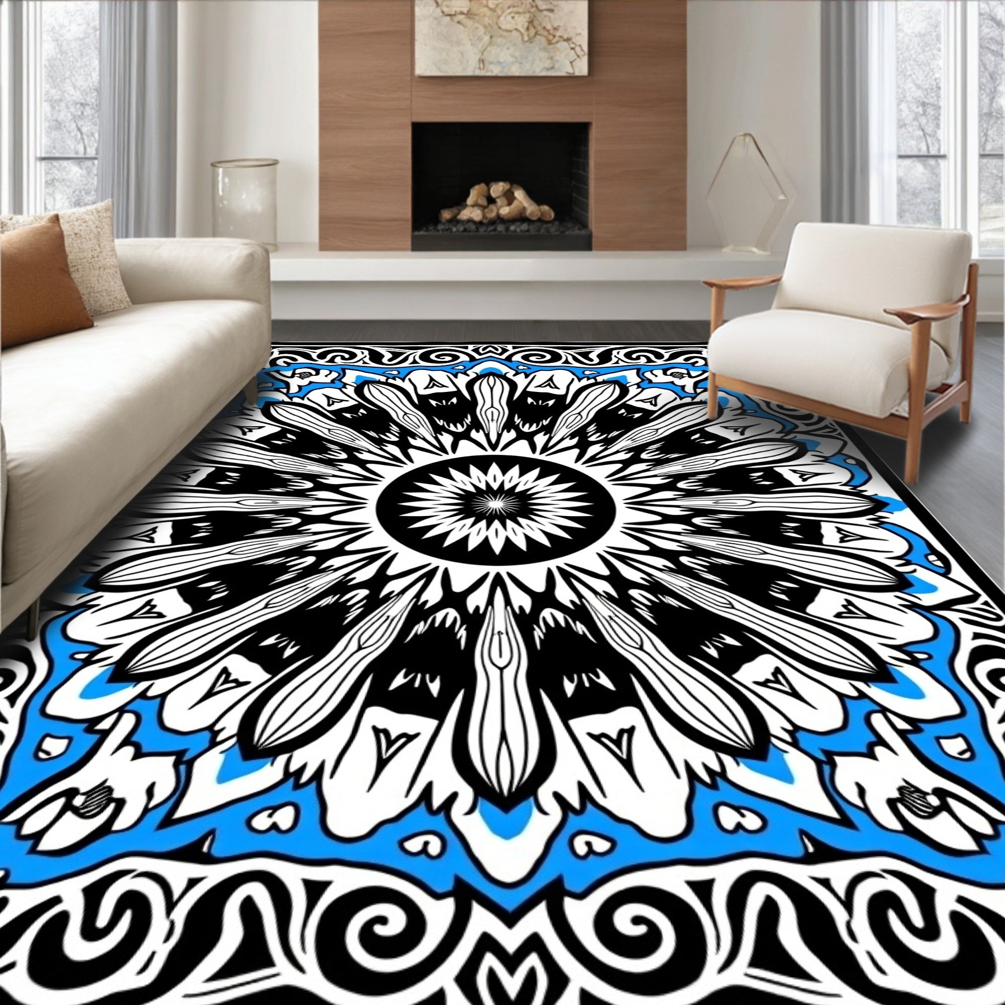 Black White Blue Sunburst Mandala Rug