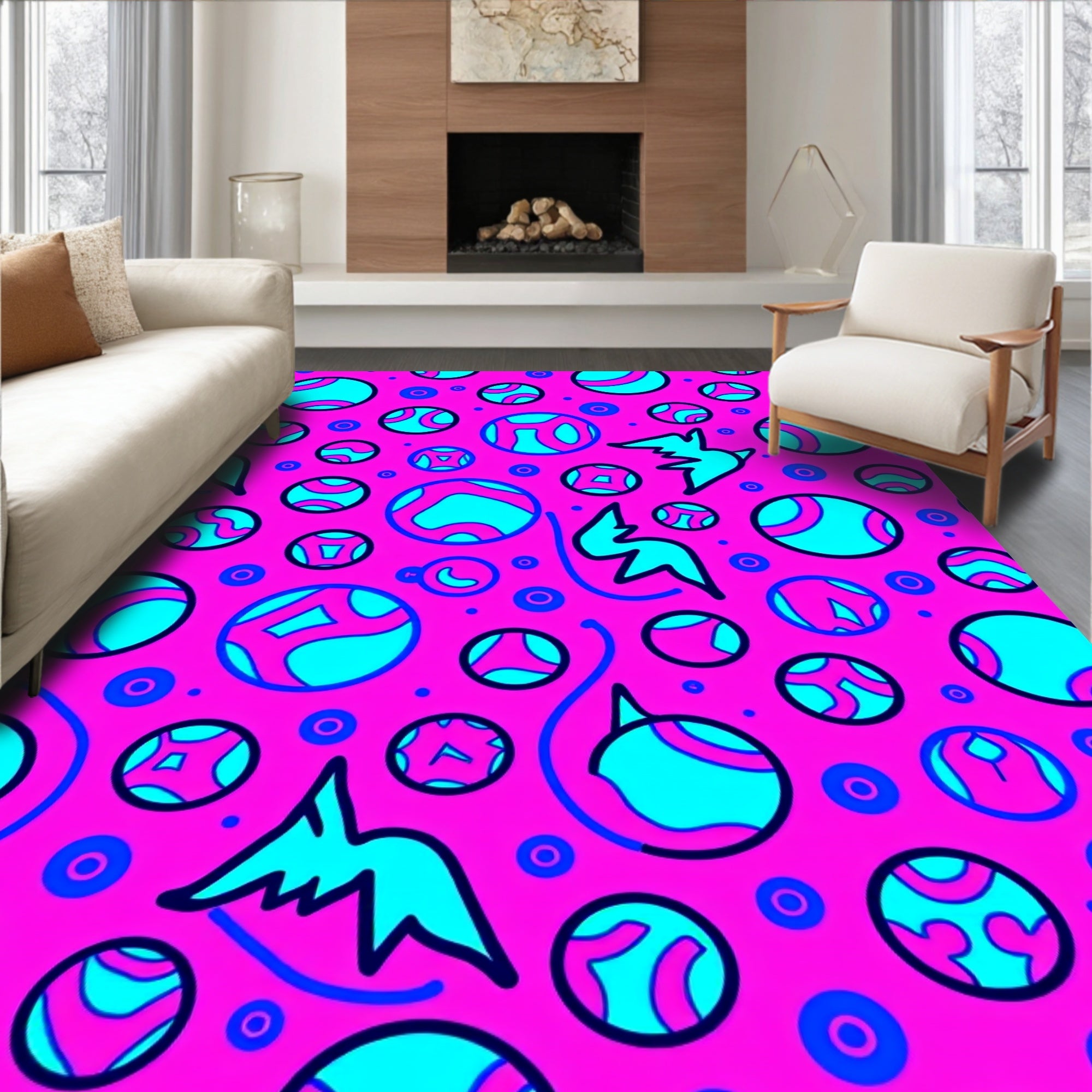Vibrant Pink Blue Swooping Circles Rug