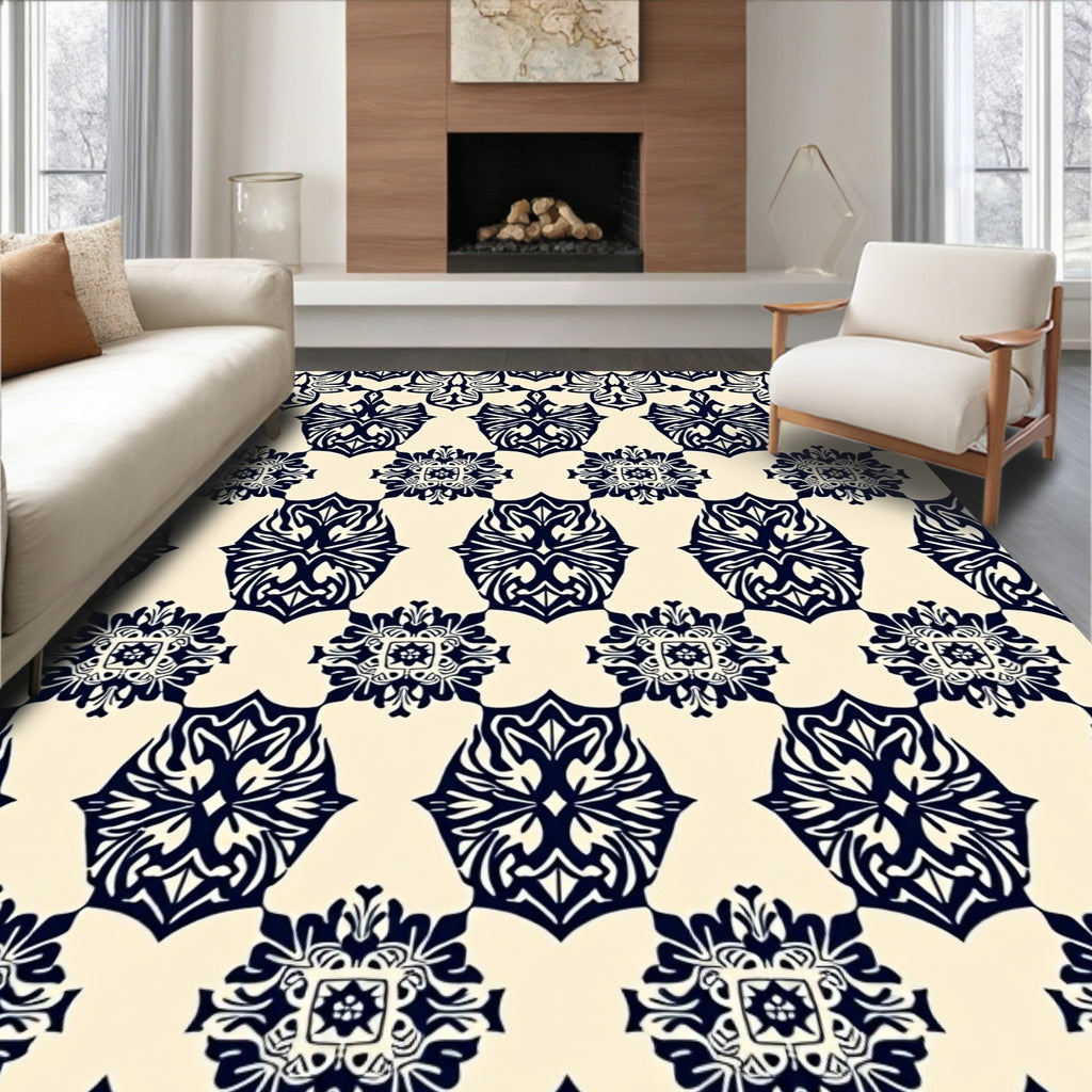 Beige and Navy Floral Medallion Rug
