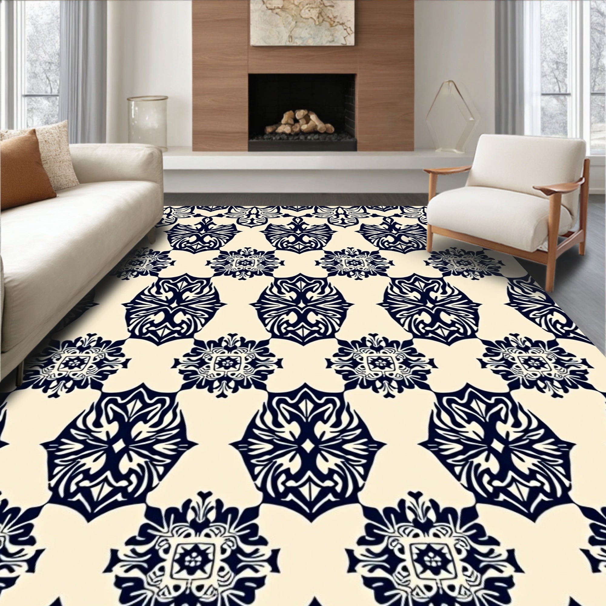 Beige and Navy Floral Medallion Rug