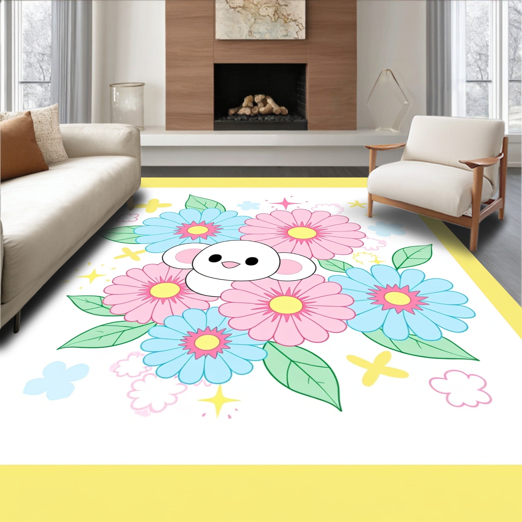 Cute White Mouse Pink Blue Flowers Rug