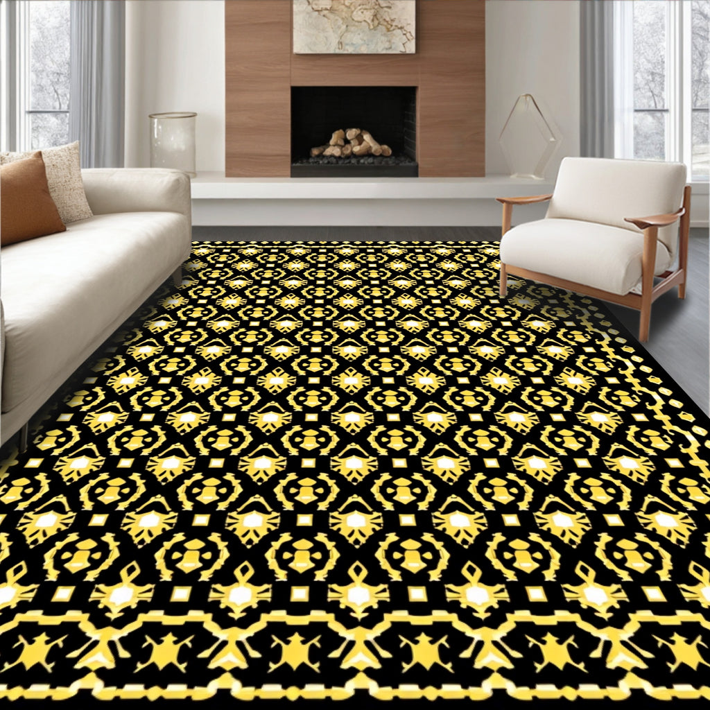 Geometric Golden Medallion Black Rug