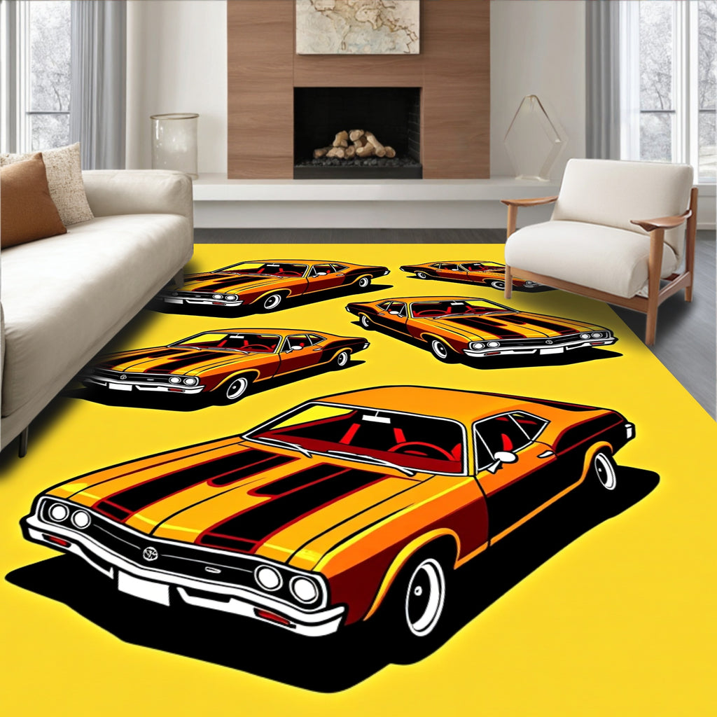 Vintage Orange Black Stripe Muscle Cars Rug