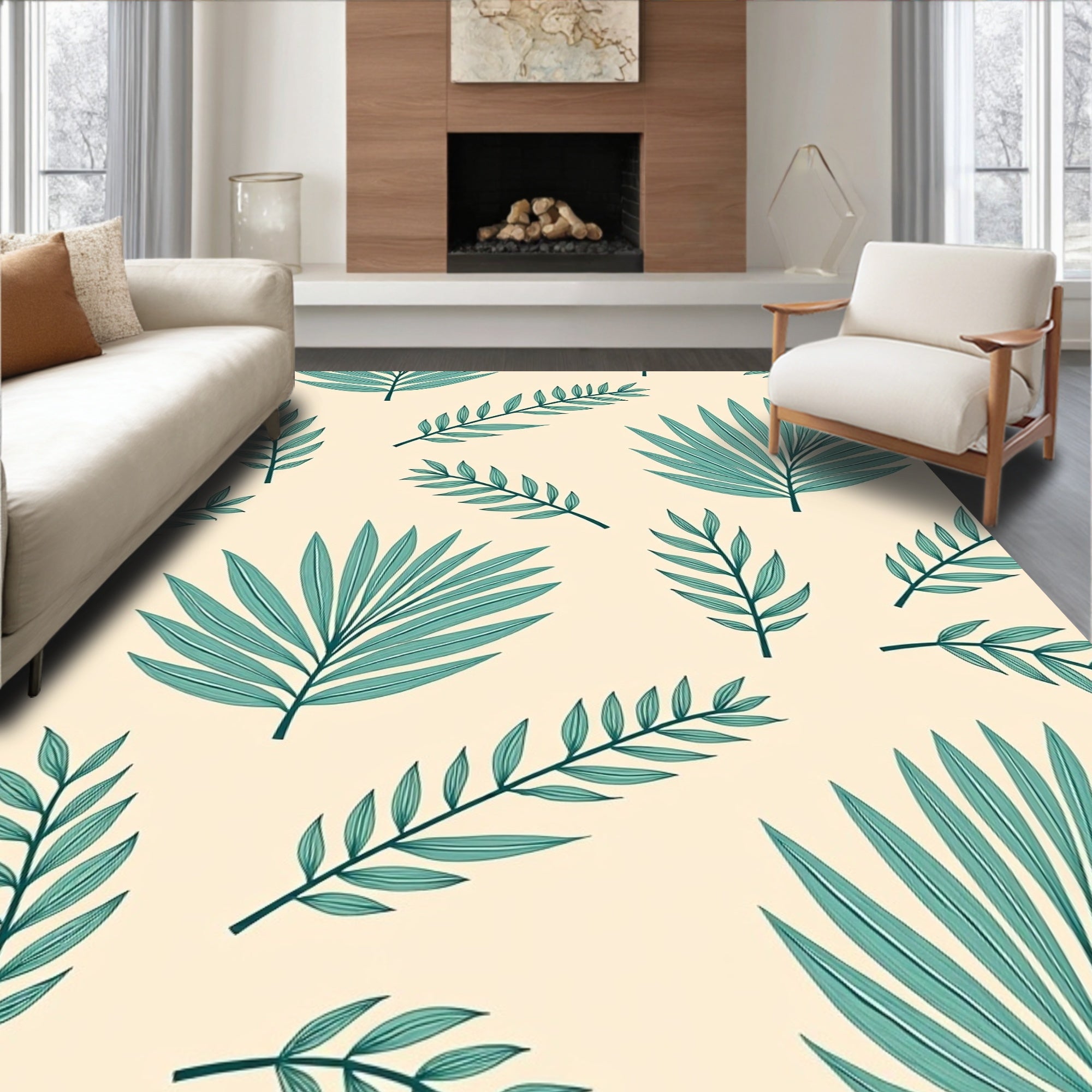 Teal Tropical Palm Leaf Arrangement Rug