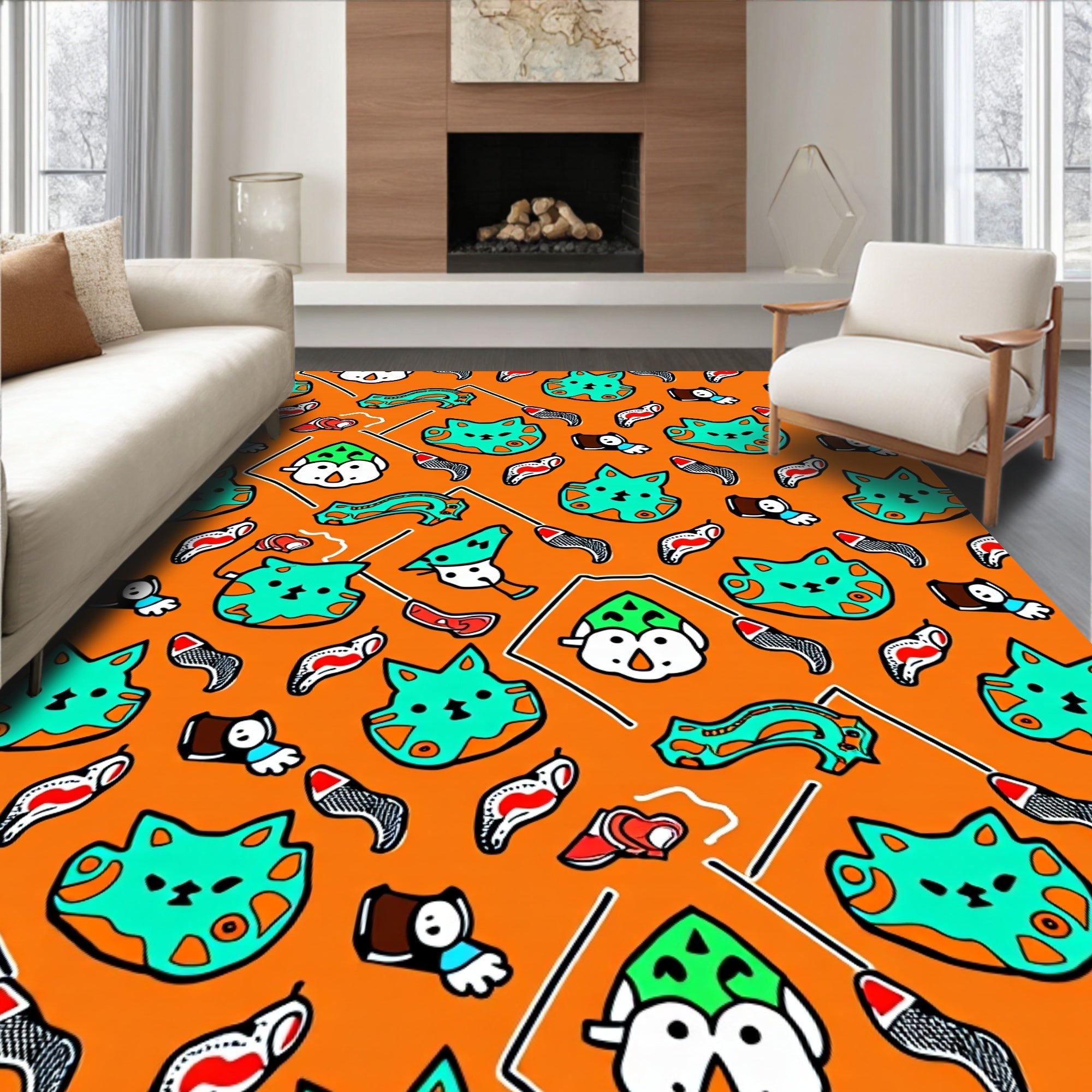Whimsical Orange Cat and Penguin Tile Rug