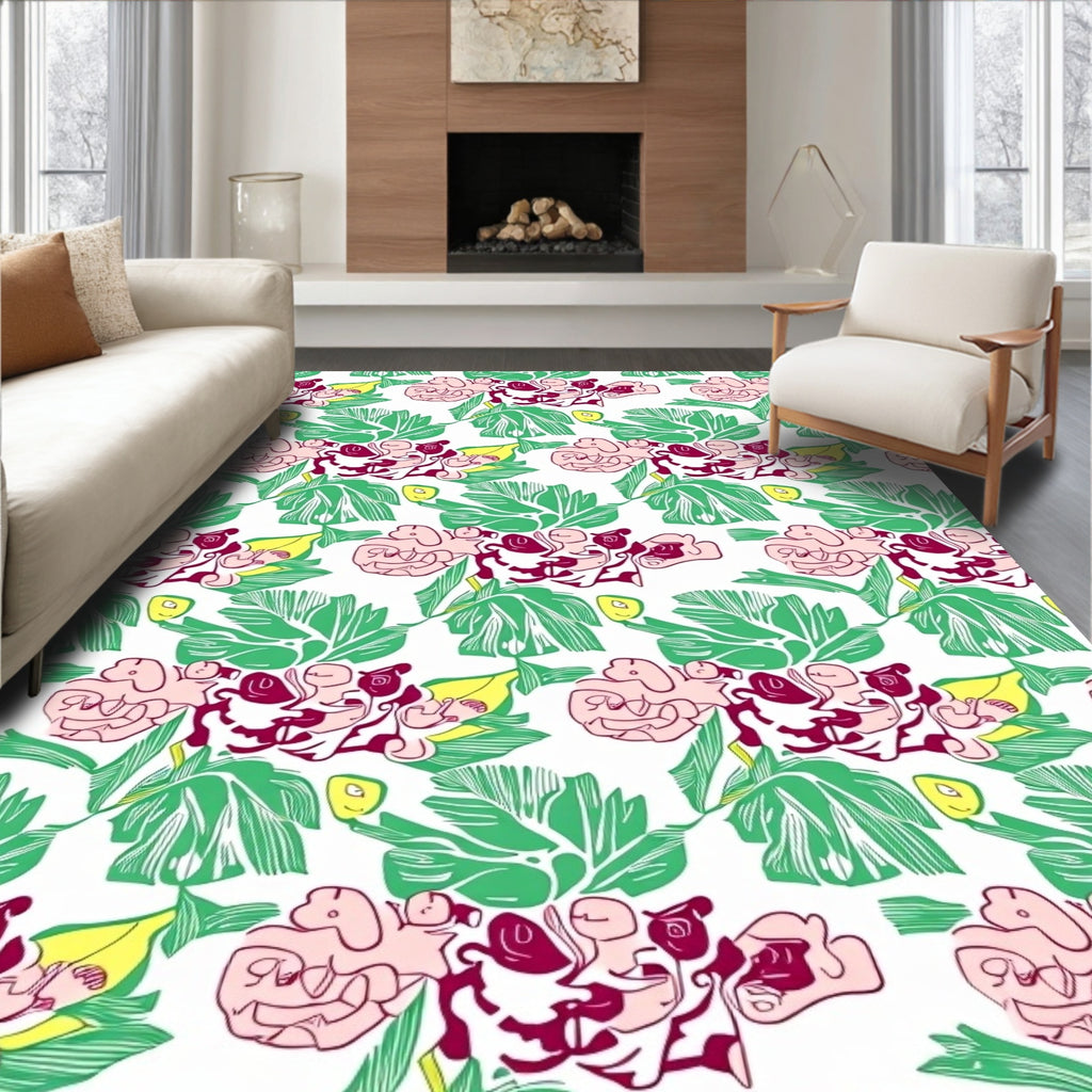Pink Orchid Green Leaf Tropical Bloom Rug