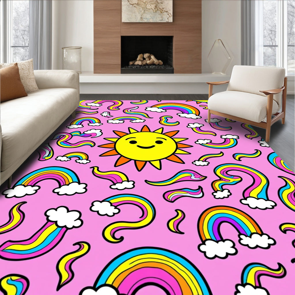 Vibrant Rainbow Sun And Clouds Rug