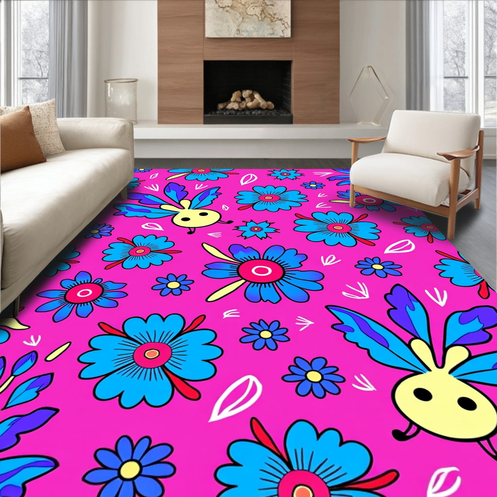 Whimsical Blue Flower Creature Pink Rug