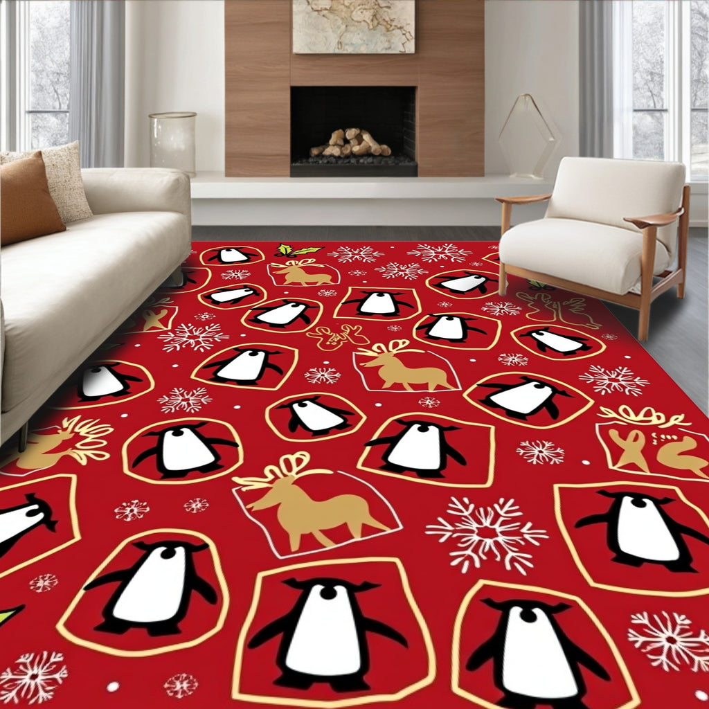 Red Christmas Penguins Snowflakes Reindeer Holly Rug