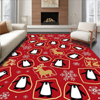 Red Christmas Penguins Snowflakes Reindeer Holly Rug