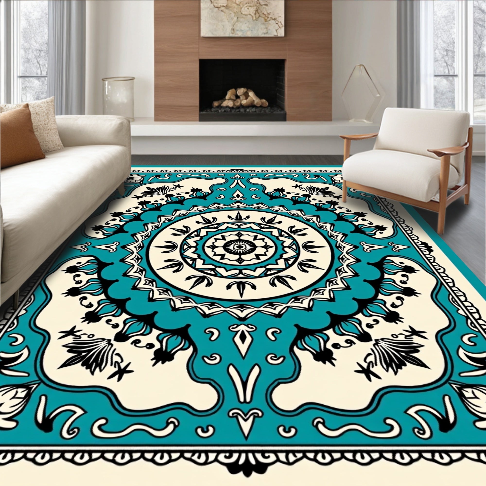 Turquoise Black Cream Mandala Medallion Rug