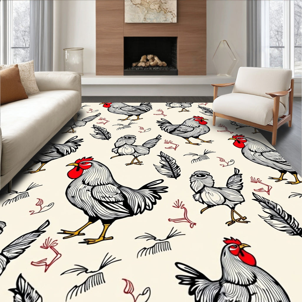 Farmhouse Rooster Chicken Sketch Rug