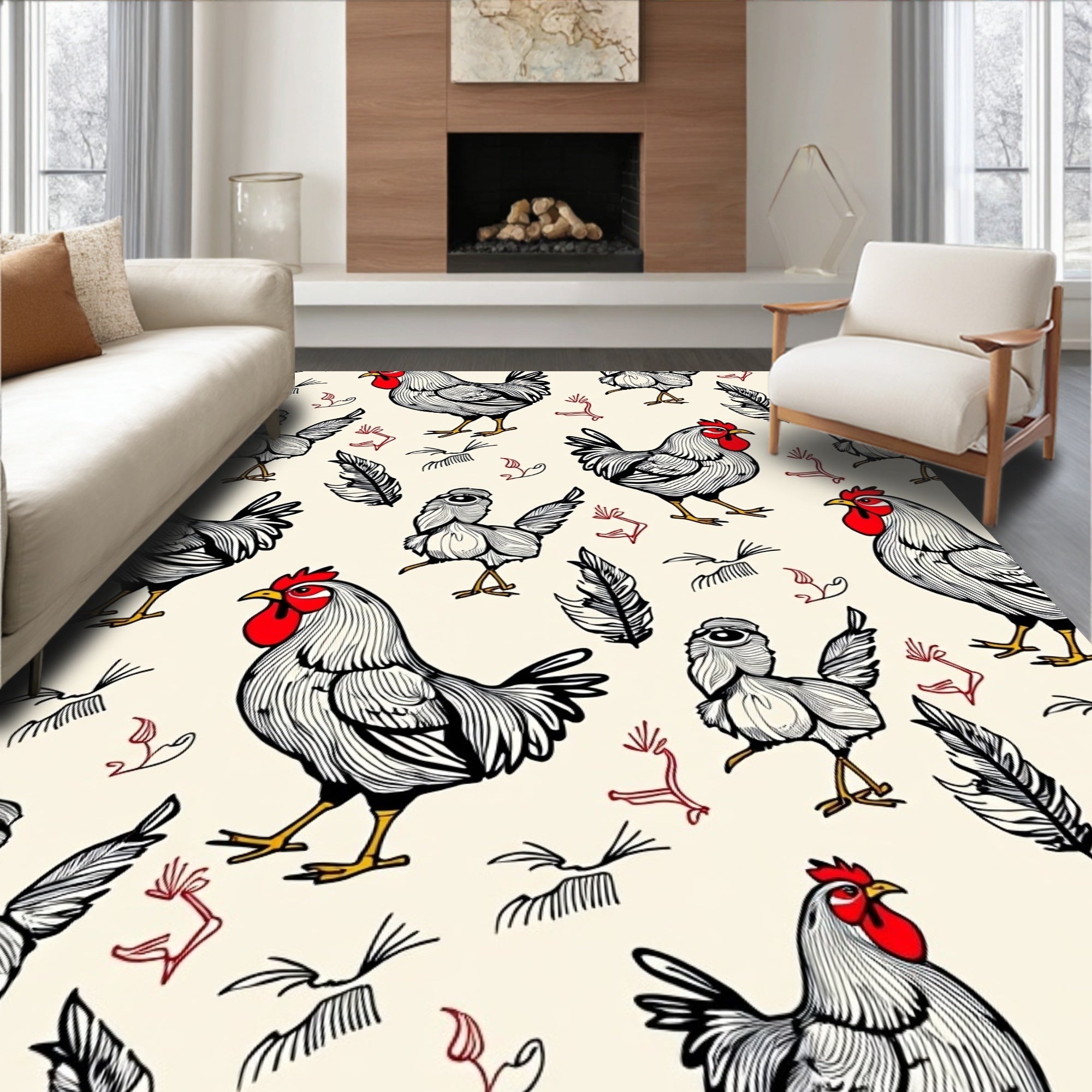 Farmhouse Rooster Chicken Sketch Rug