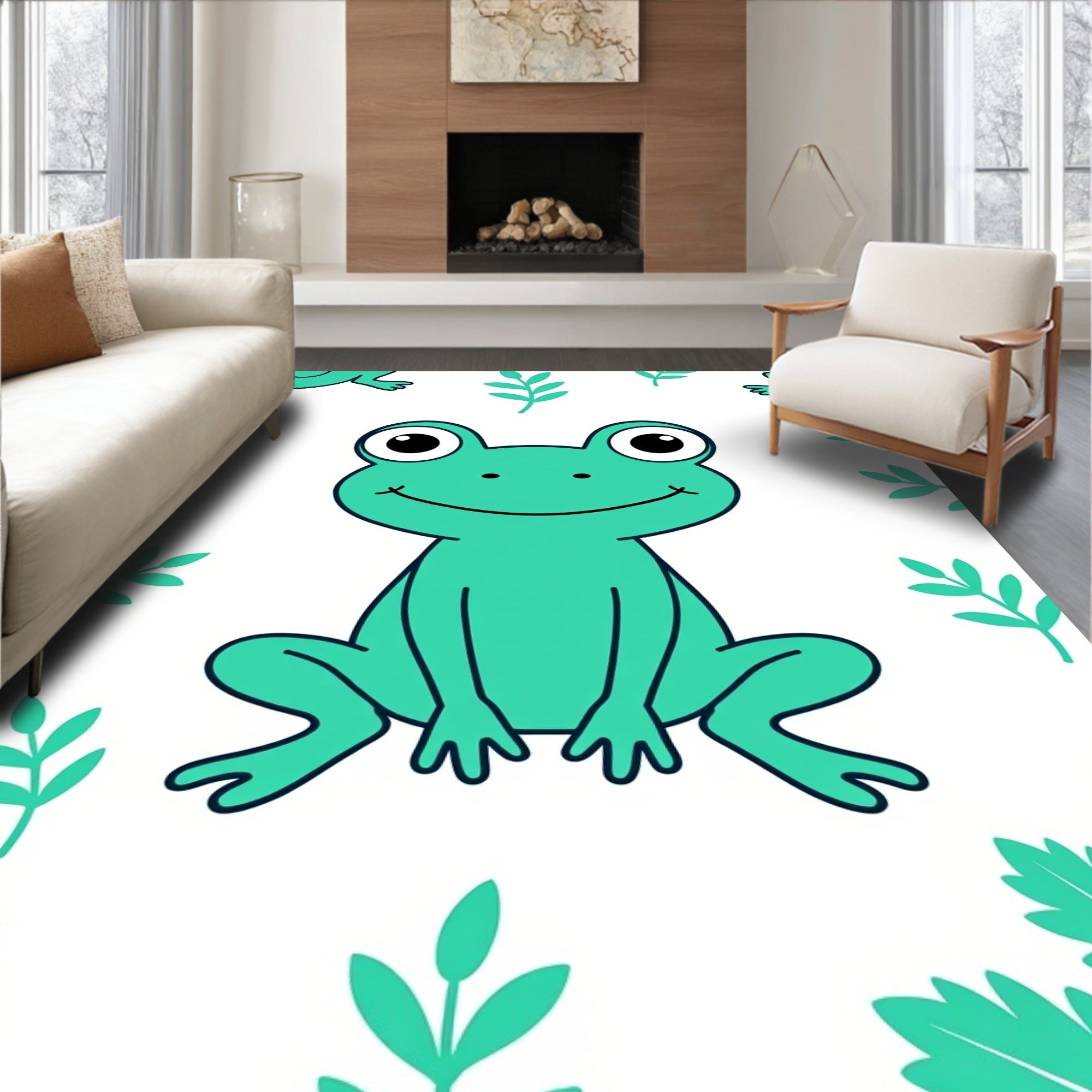 Aqua Frog With Leaf Border Rug