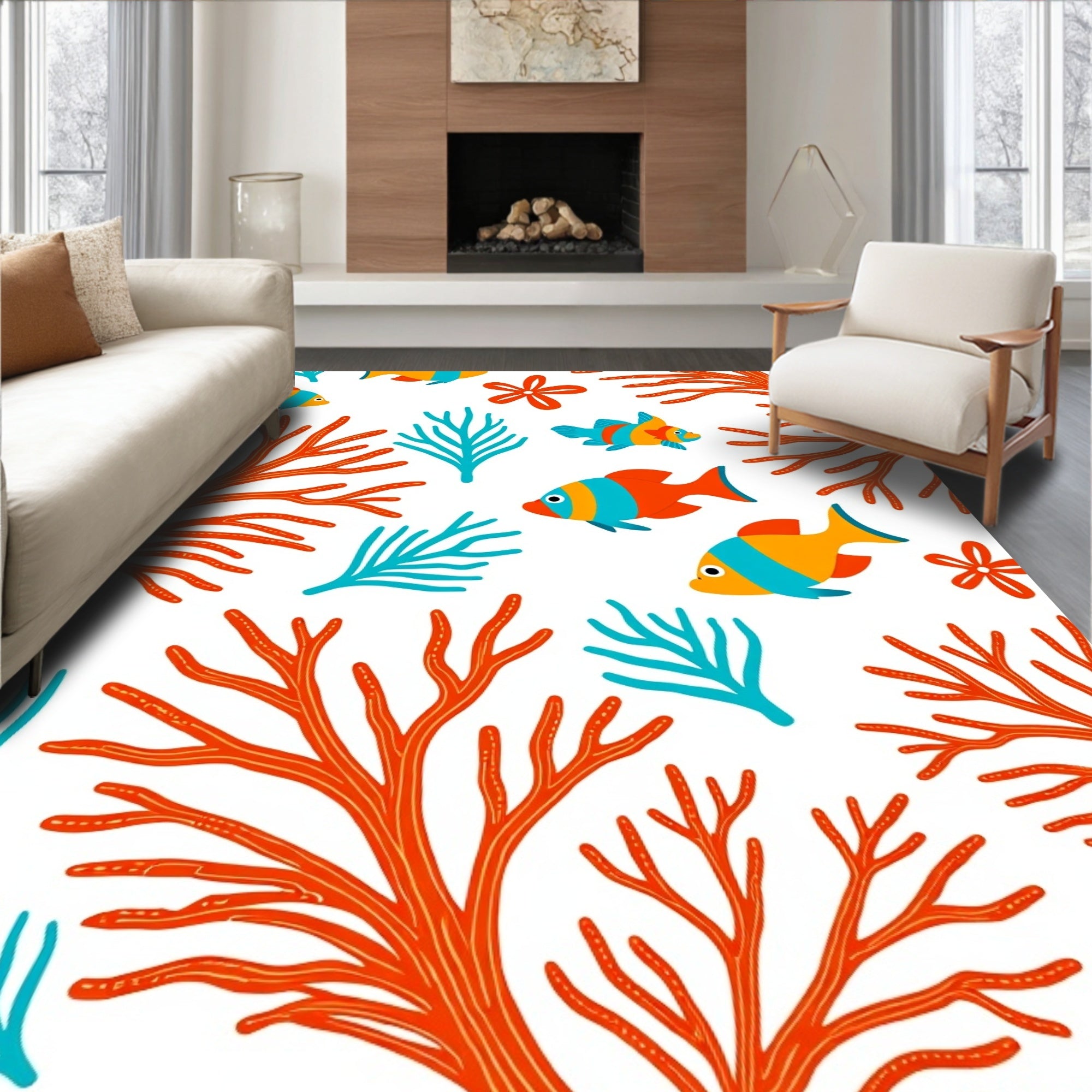 Orange Coral Blue Fish Underwater Scene Rug