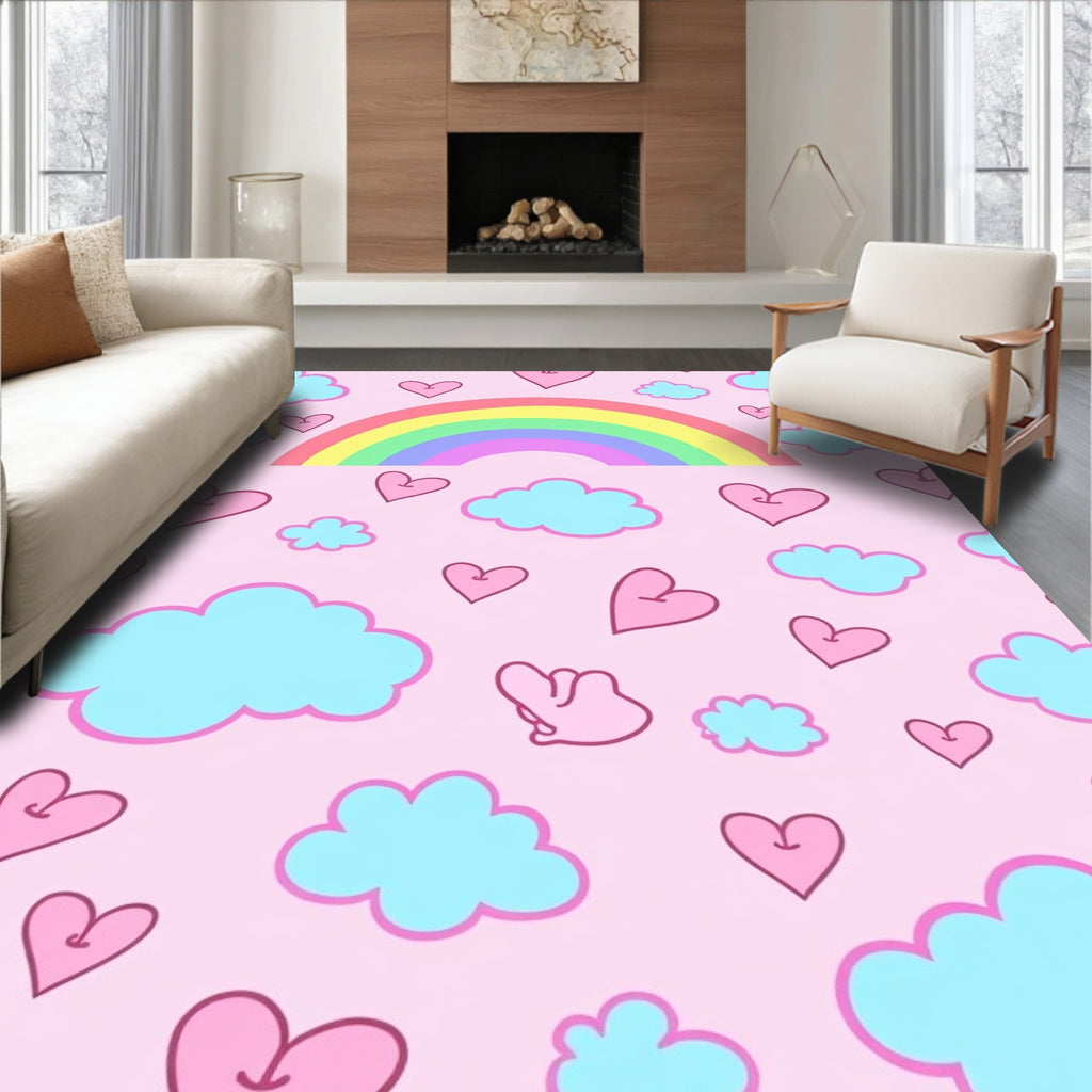 Pink Rainbow Hearts Clouds Rug