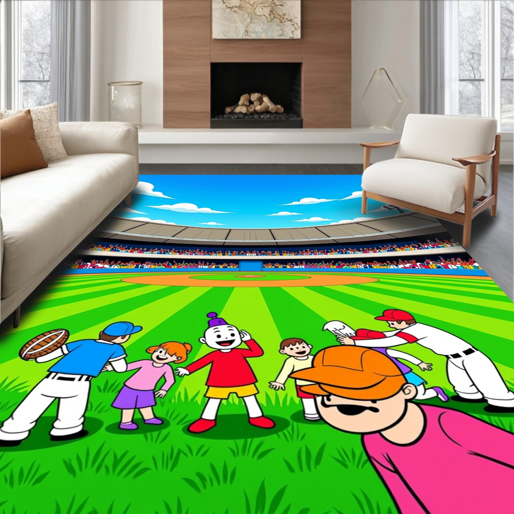 Cartoon Baseball Stadium Kids Playing Rug