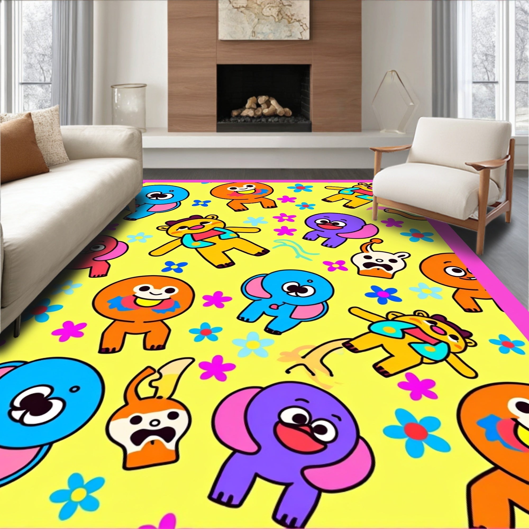 Whimsical Yellow Cute Character Floral Rug