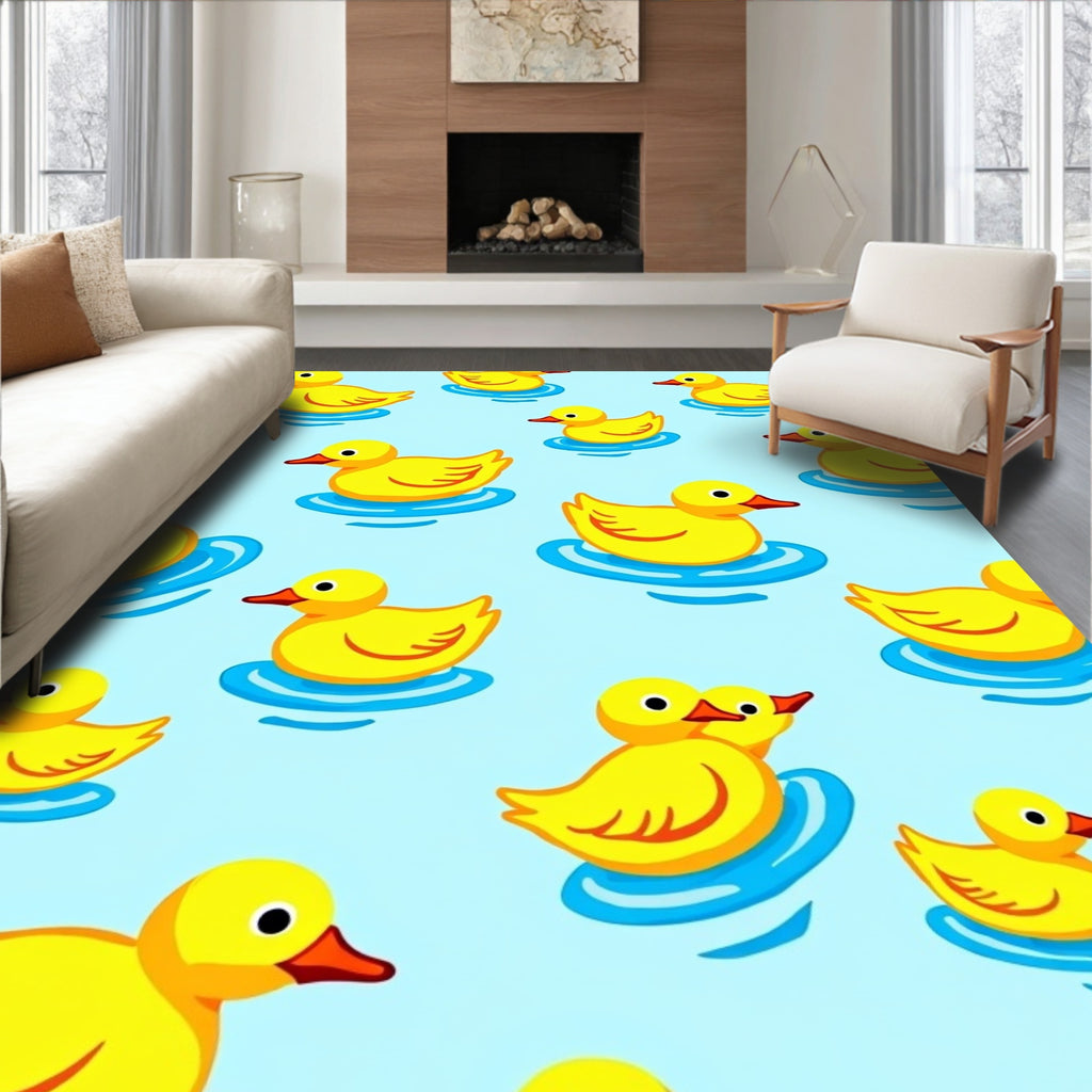 Playful Yellow Ducklings Blue Water Rug