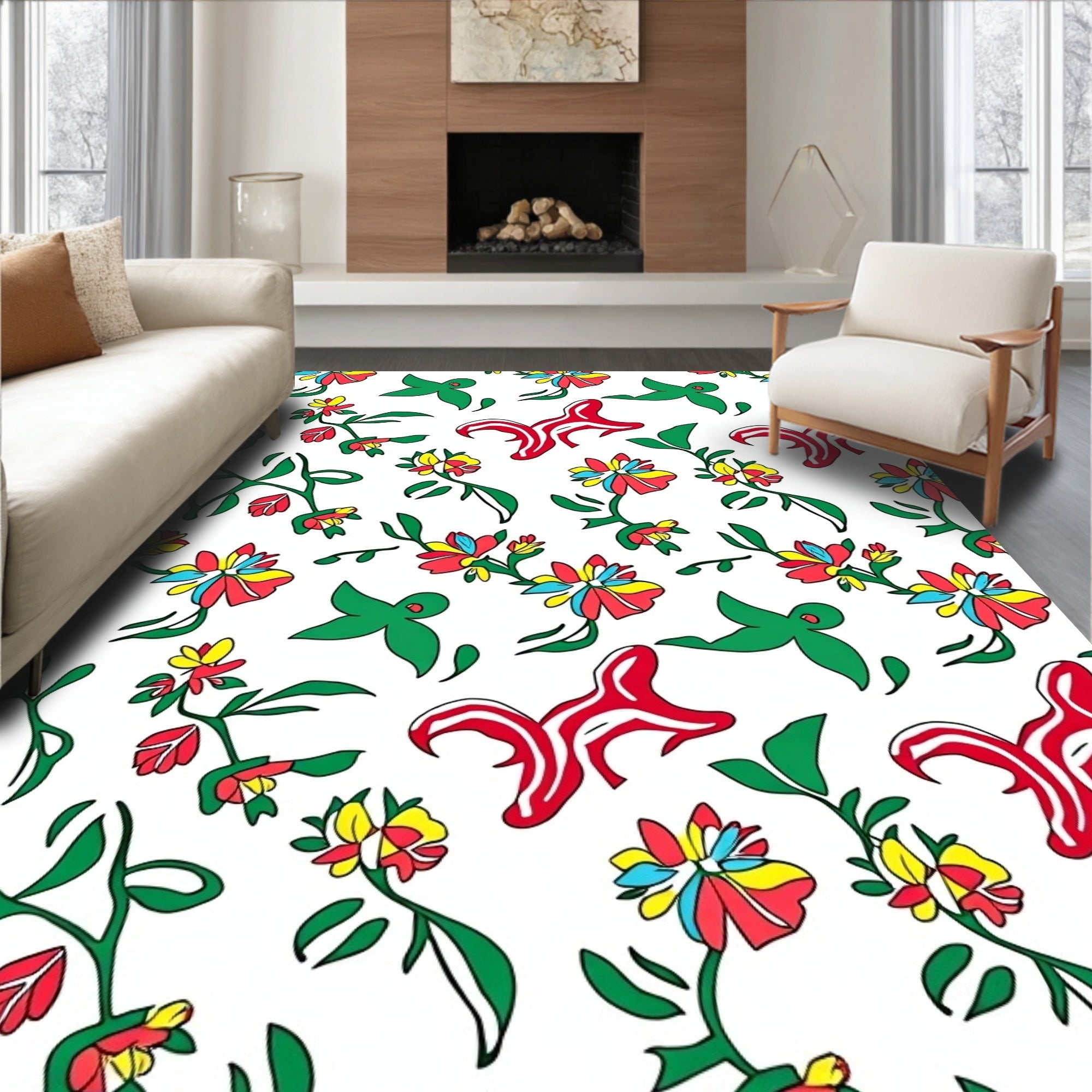 Whimsical Red Yellow Floral Swirls Rug