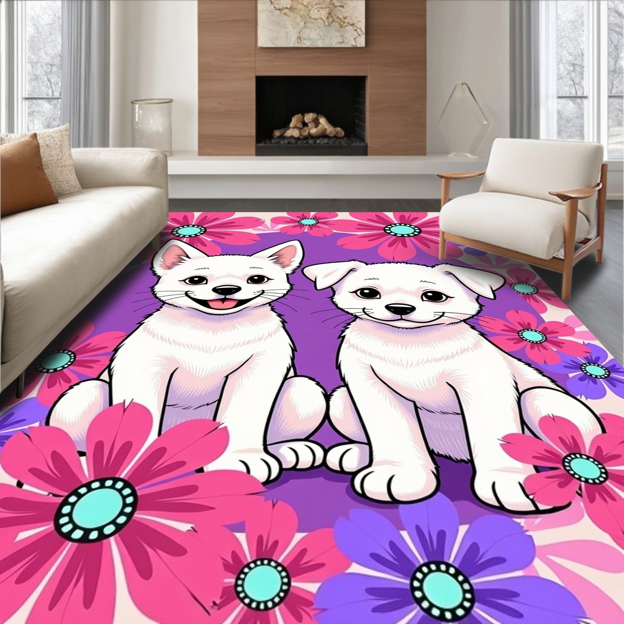 Two White Puppy Floral Garden Rug