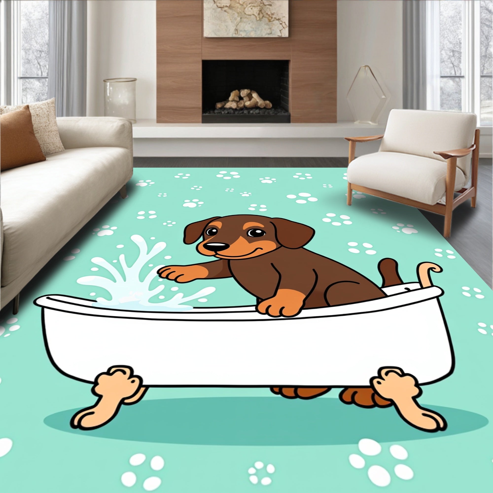 Cute Dachshund Puppy Bathtime Paw Prints Rug
