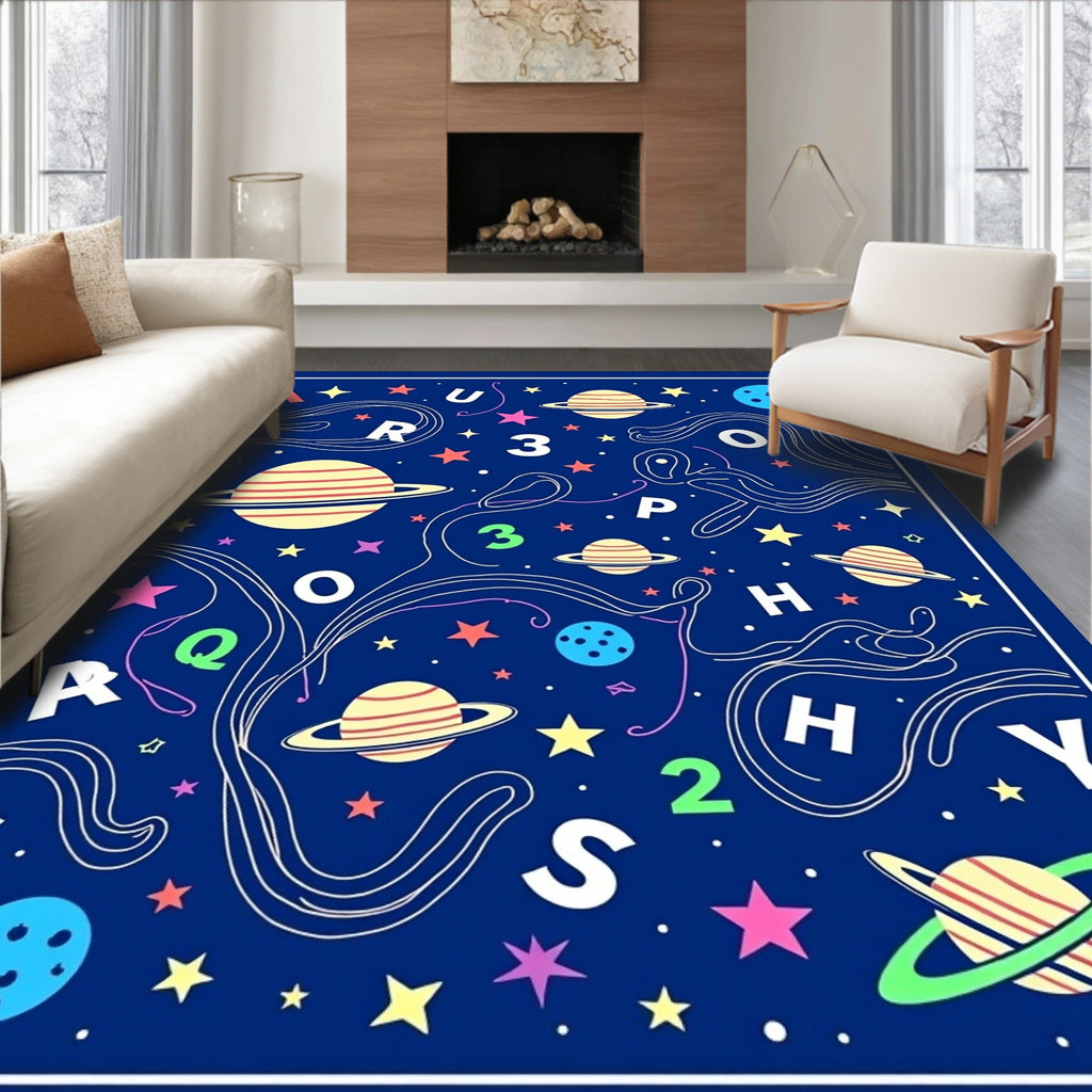 Cosmic Blue Planetary Alphabet Swirls Rug