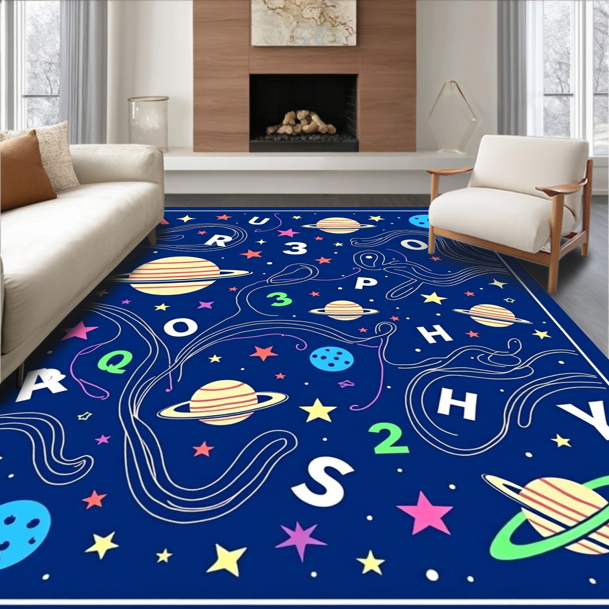Cosmic Blue Planetary Alphabet Swirls Rug