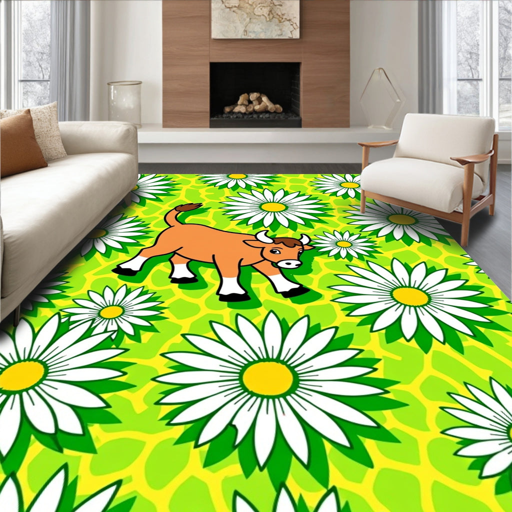 Cartoon Cow Daisy Field Rug