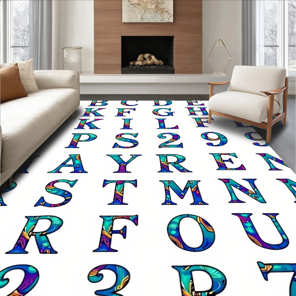 Vibrant Teal Blue Alphabet Bloom Rug