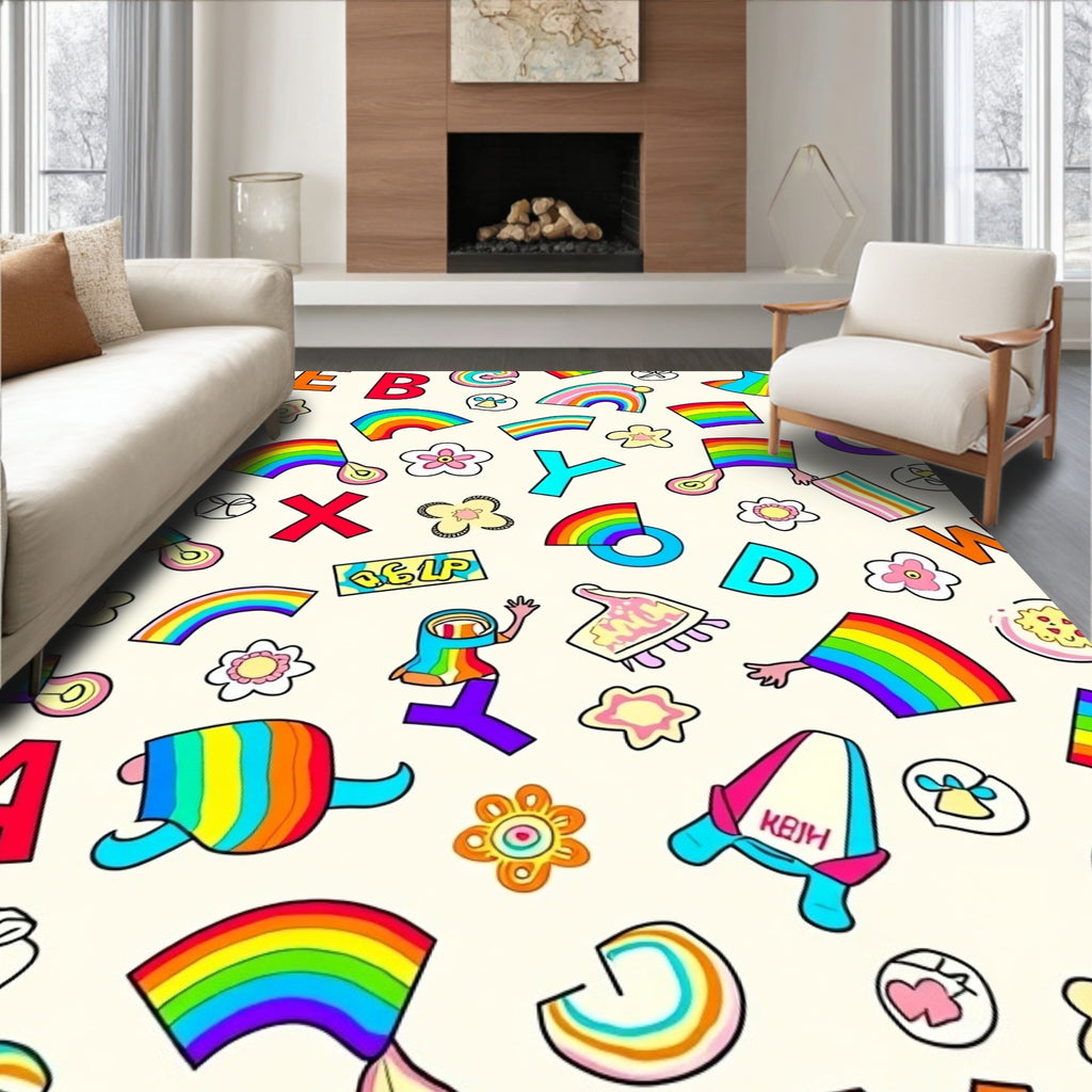 Rainbow Letters and Flowers Collage Rug