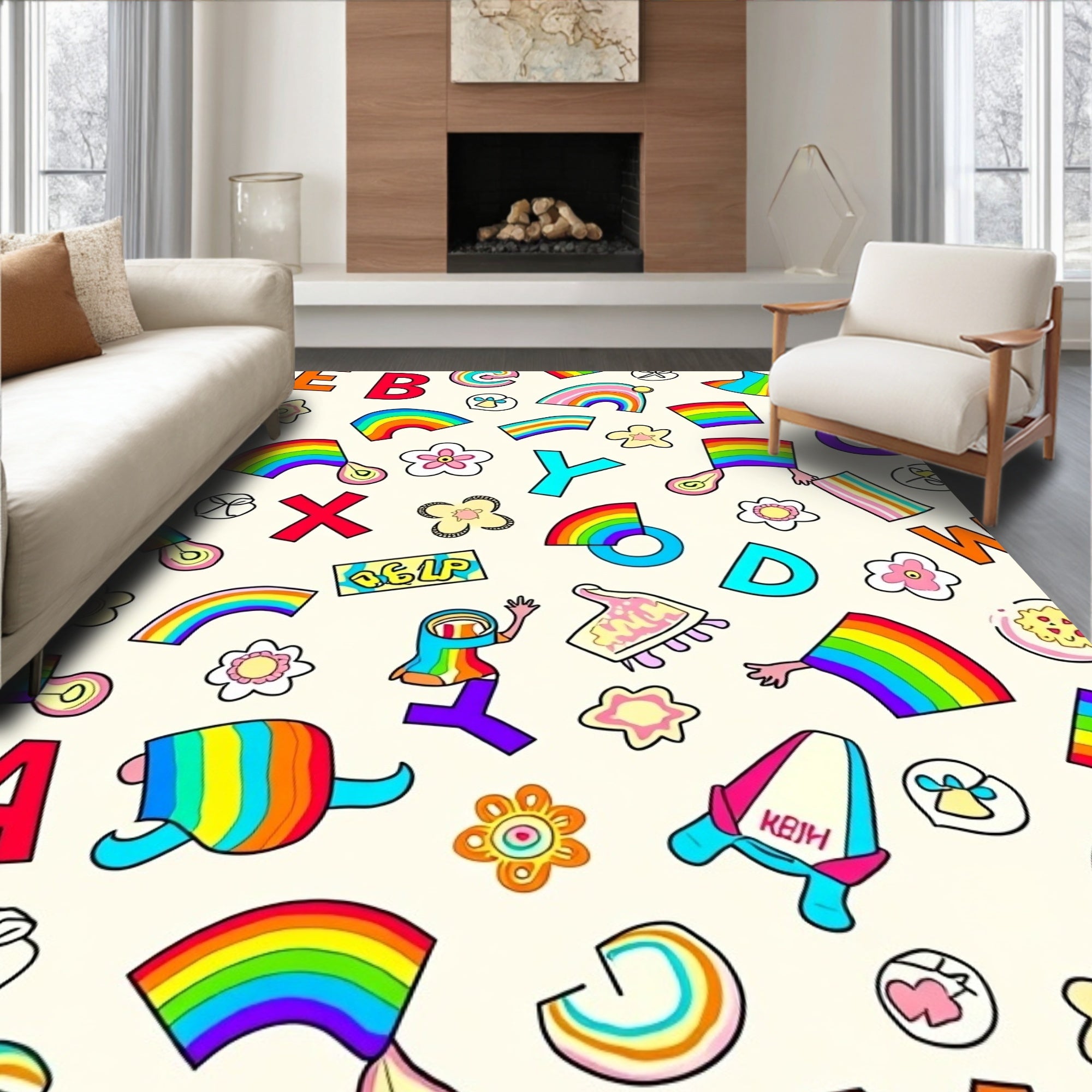 Rainbow Letters and Flowers Collage Rug