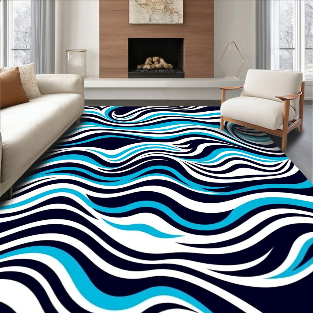 Bold Blue White Wave Flow Rug