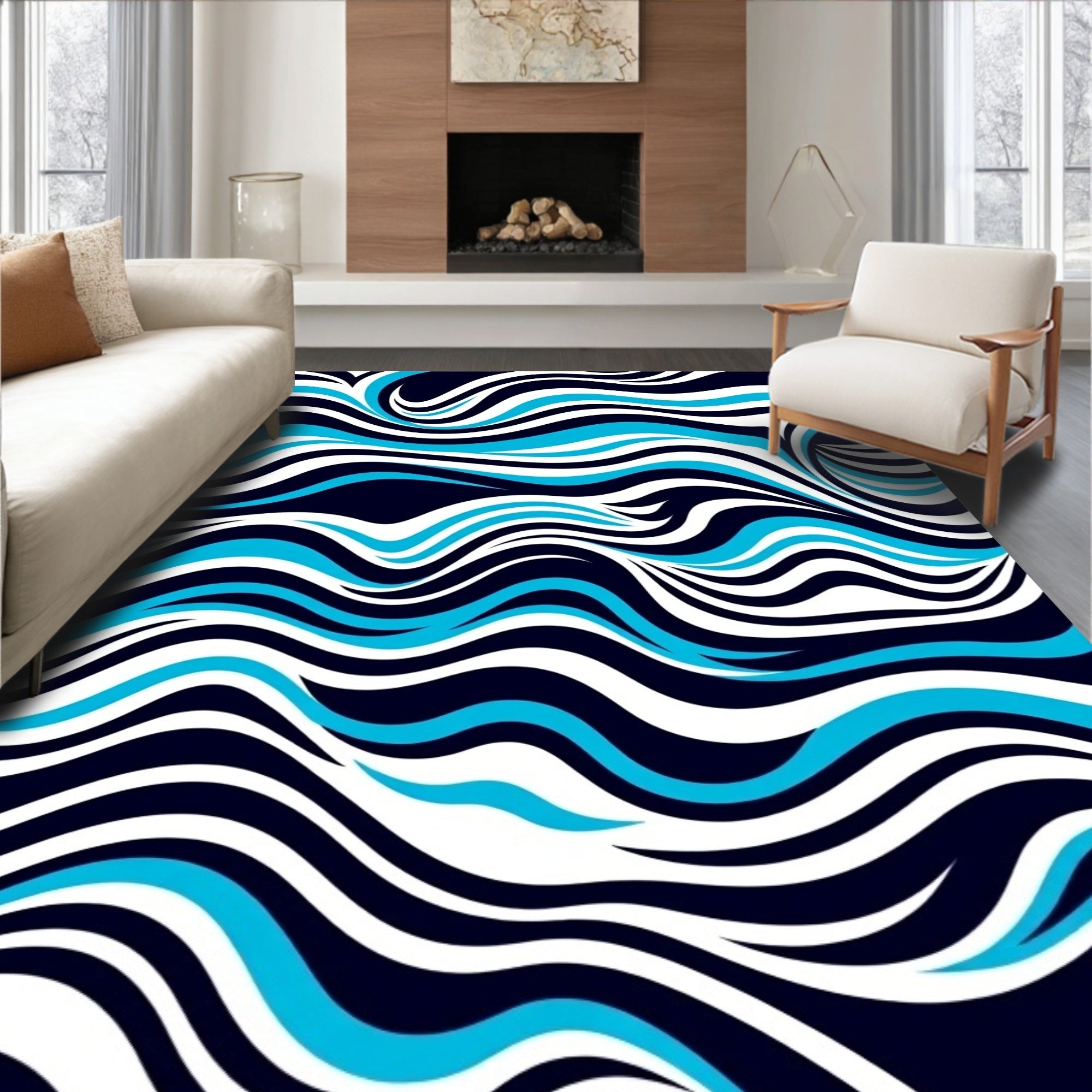 Bold Blue White Wave Flow Rug