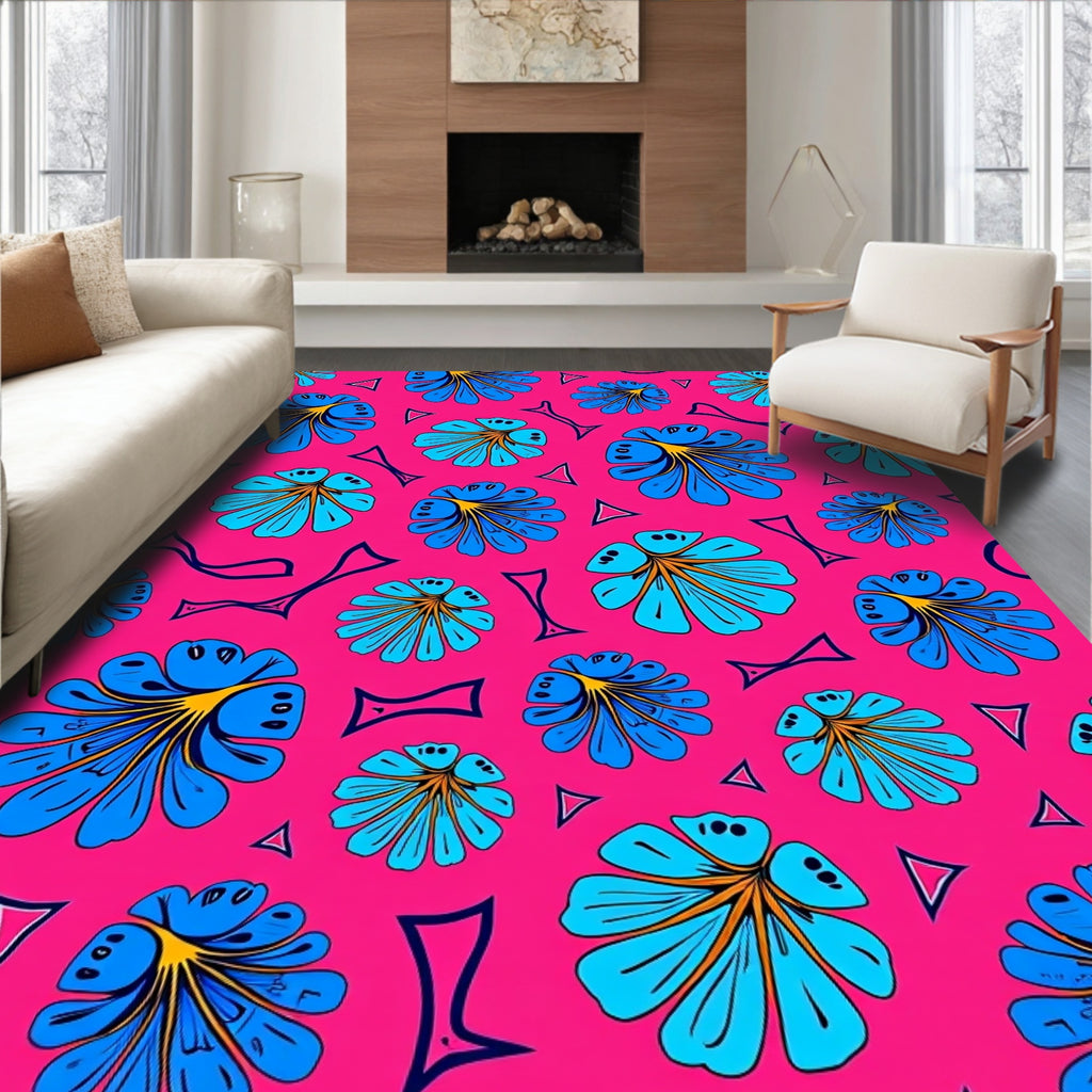 Vibrant Blue Floral Popsicle Pink Background Rug