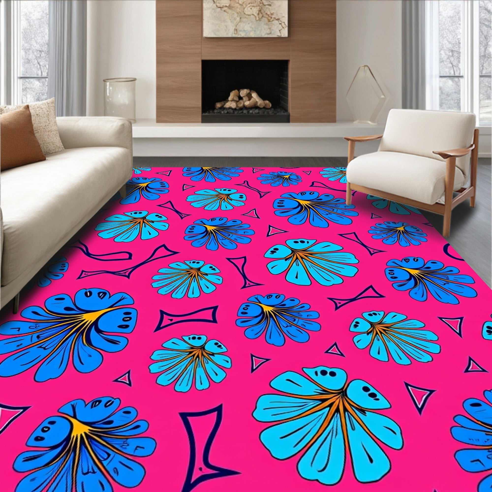 Vibrant Blue Floral Popsicle Pink Background Rug