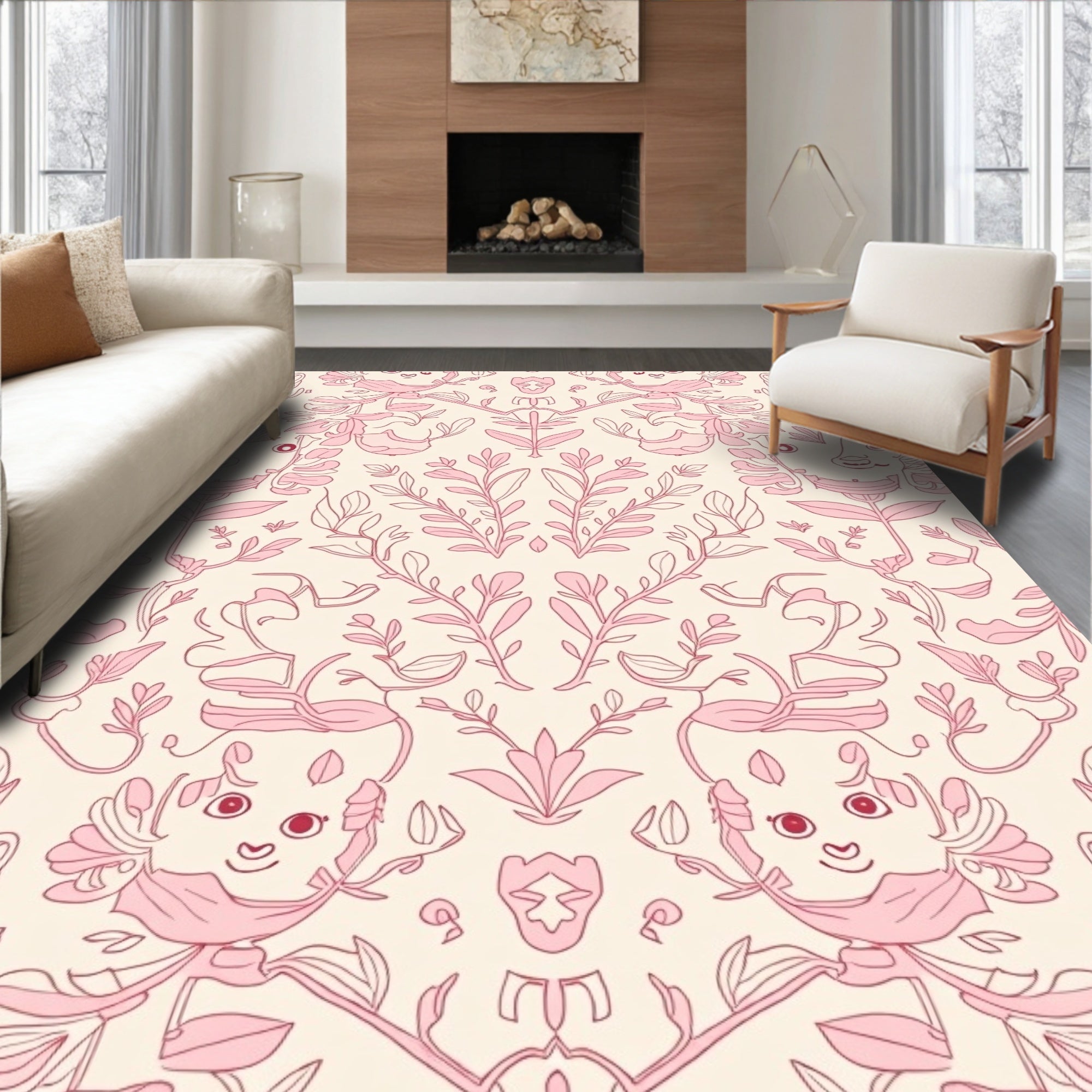 Whimsical Pink Creature Floral Medallion Rug