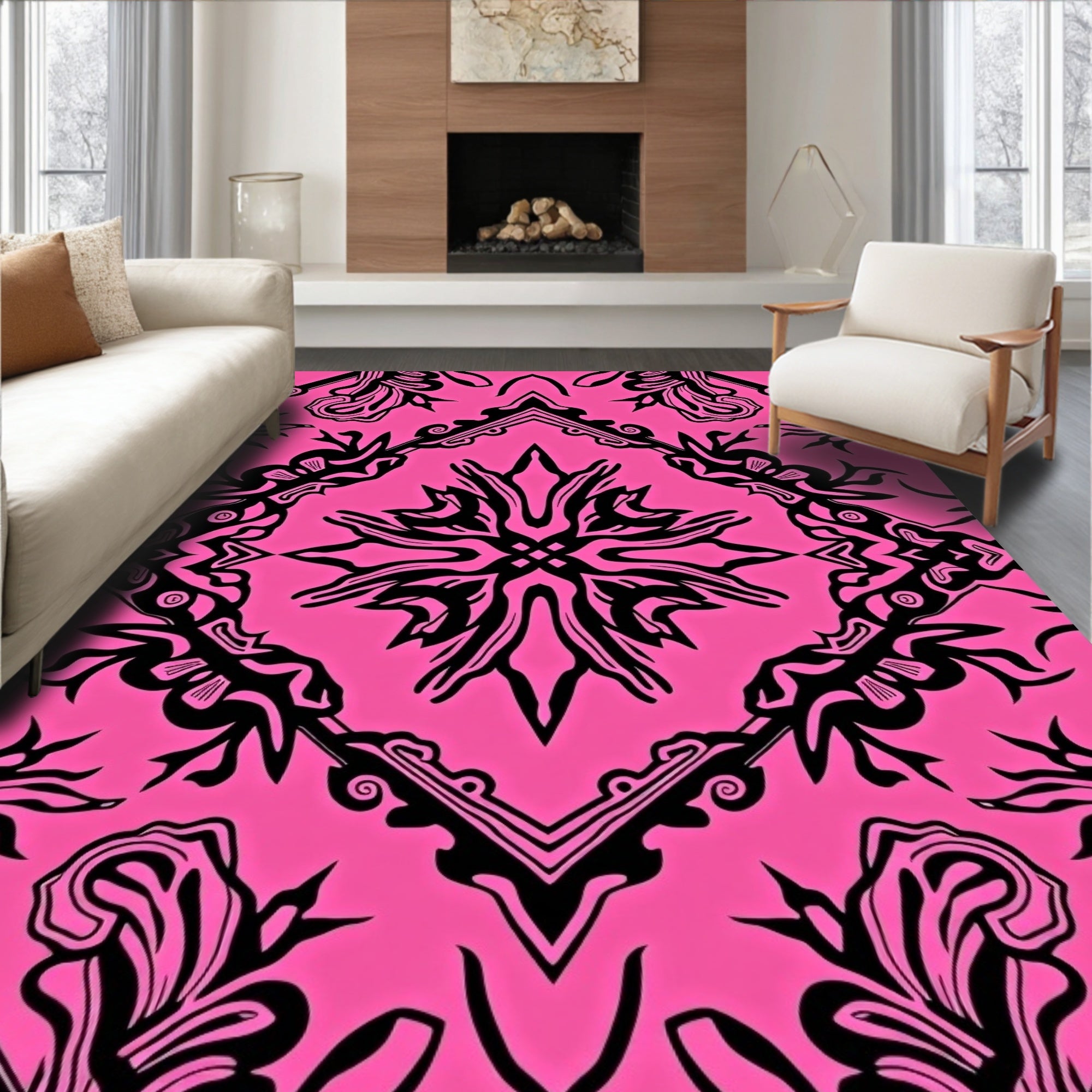 Hot Pink Black Abstract Ornamental Rug