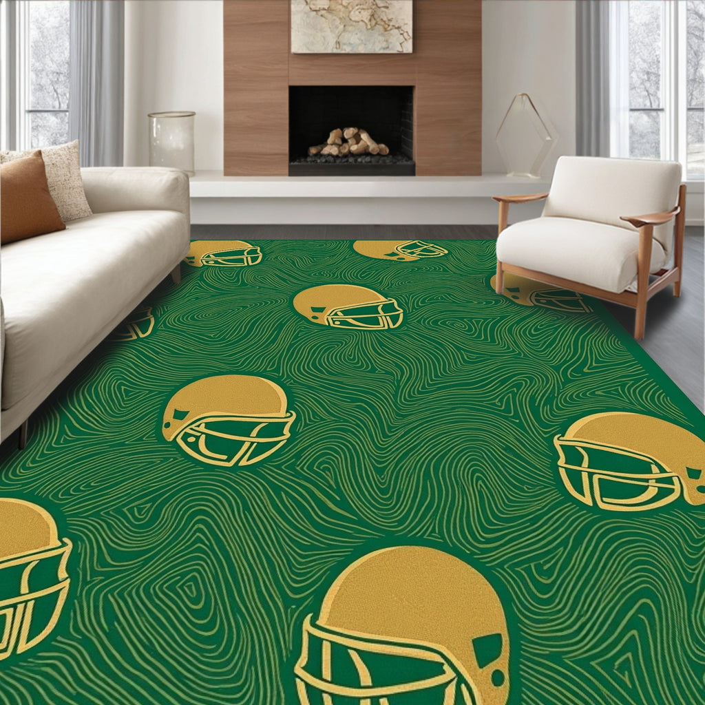 Golden Football Helmets Green Swirls Rug