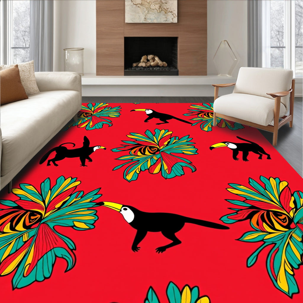 Tropical Toucan Birds Red Floral Rug