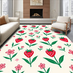 Red Strawberry Flower Cream Field Rug