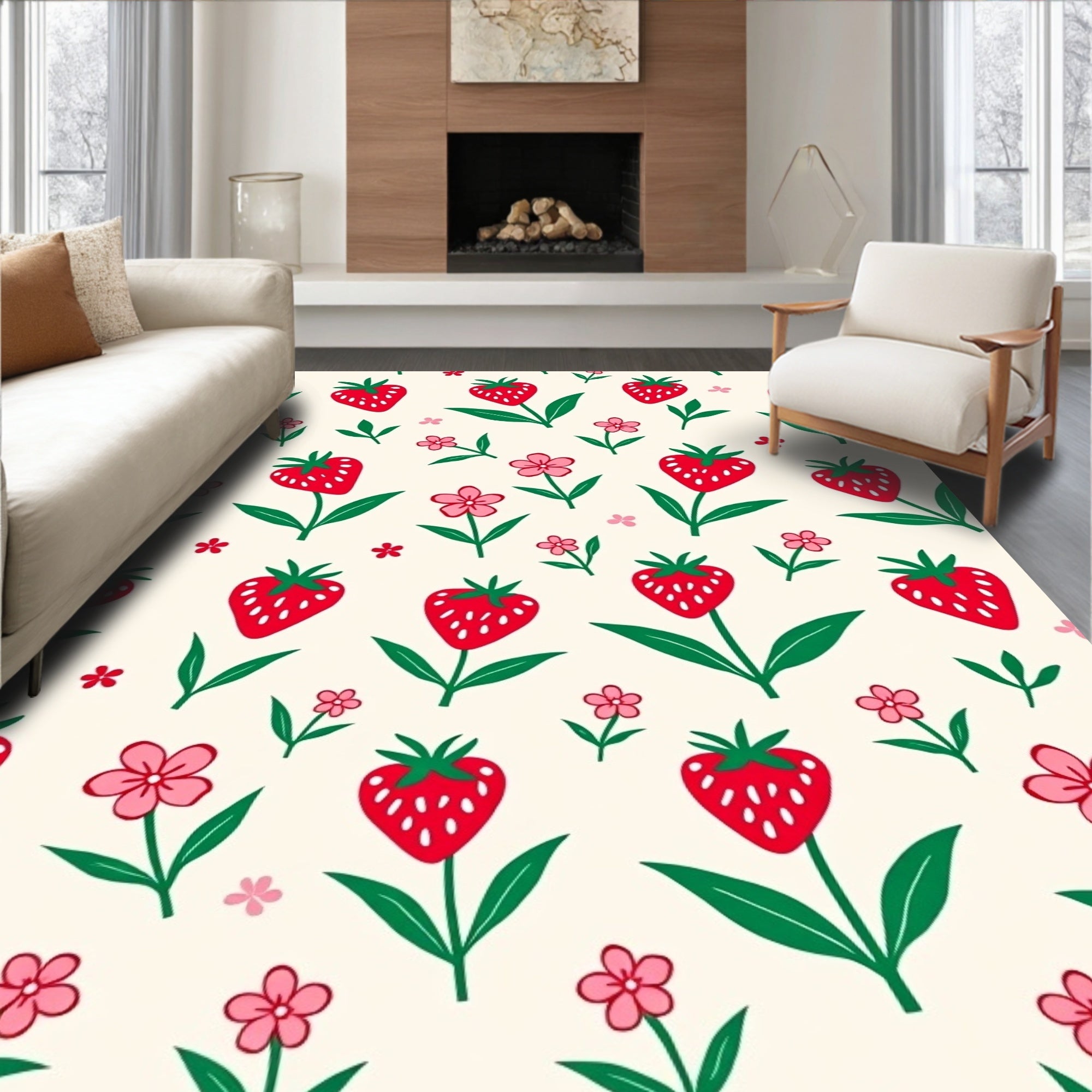 Red Strawberry Flower Cream Field Rug