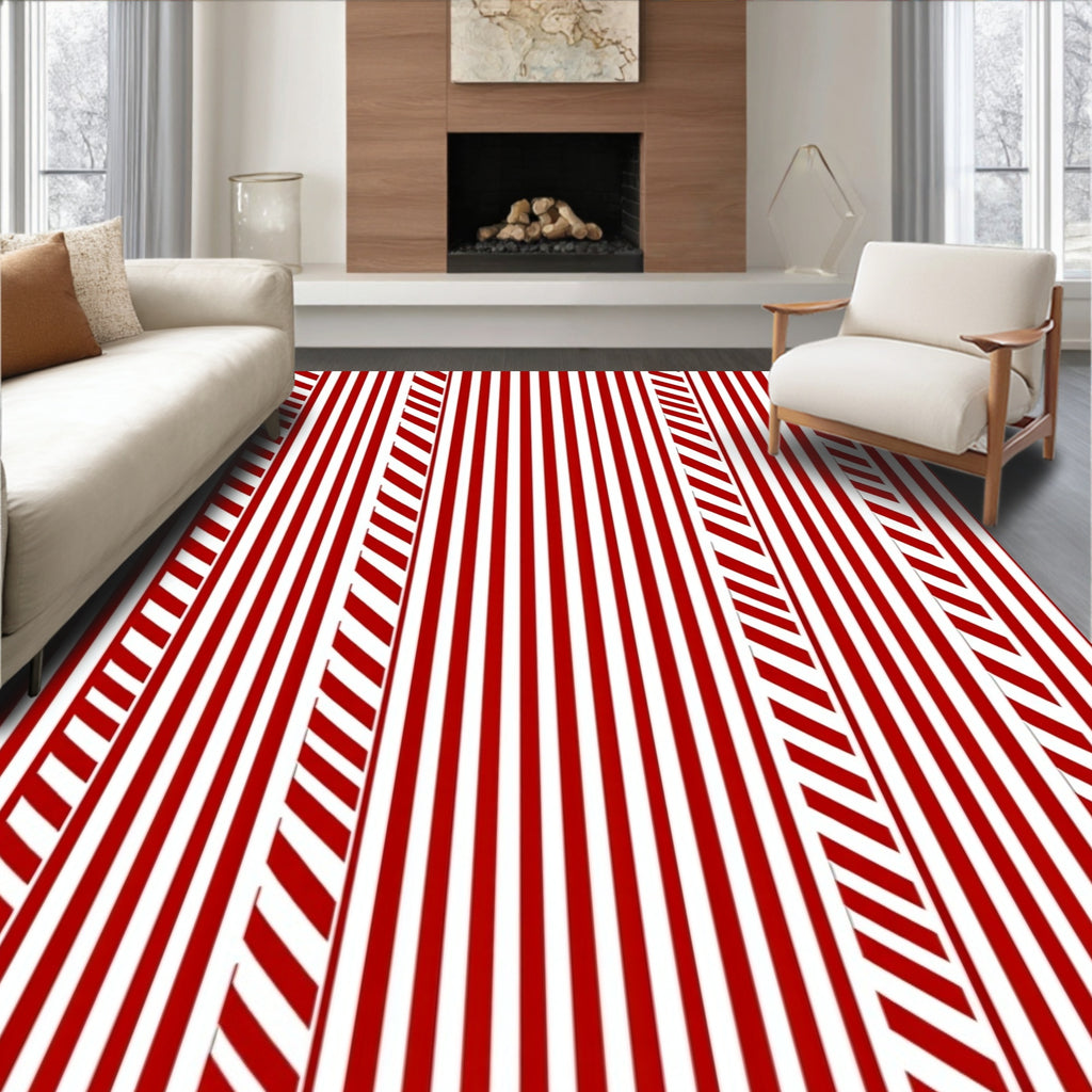 Bold Red White Diagonal Stripes Rug