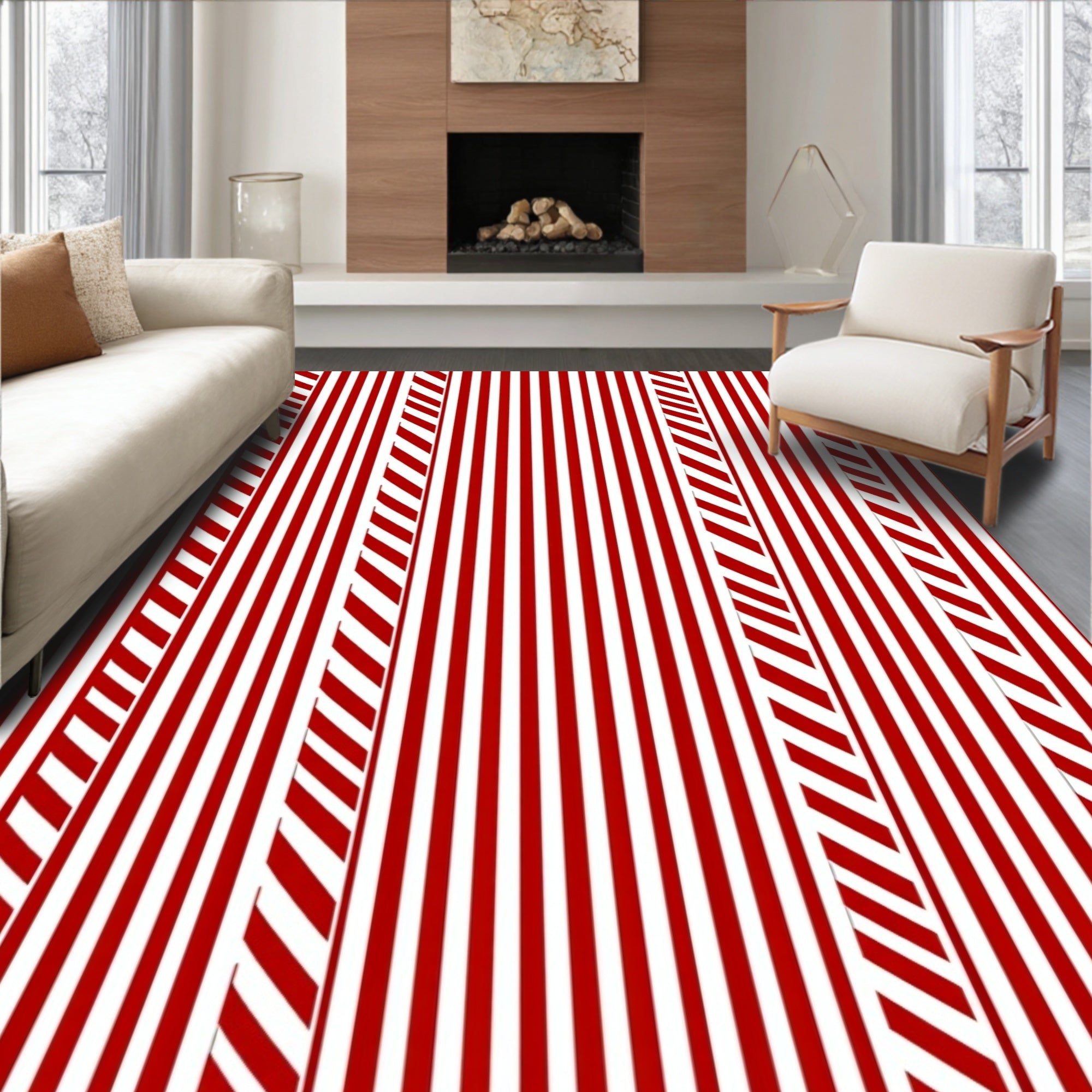 Bold Red White Diagonal Stripes Rug