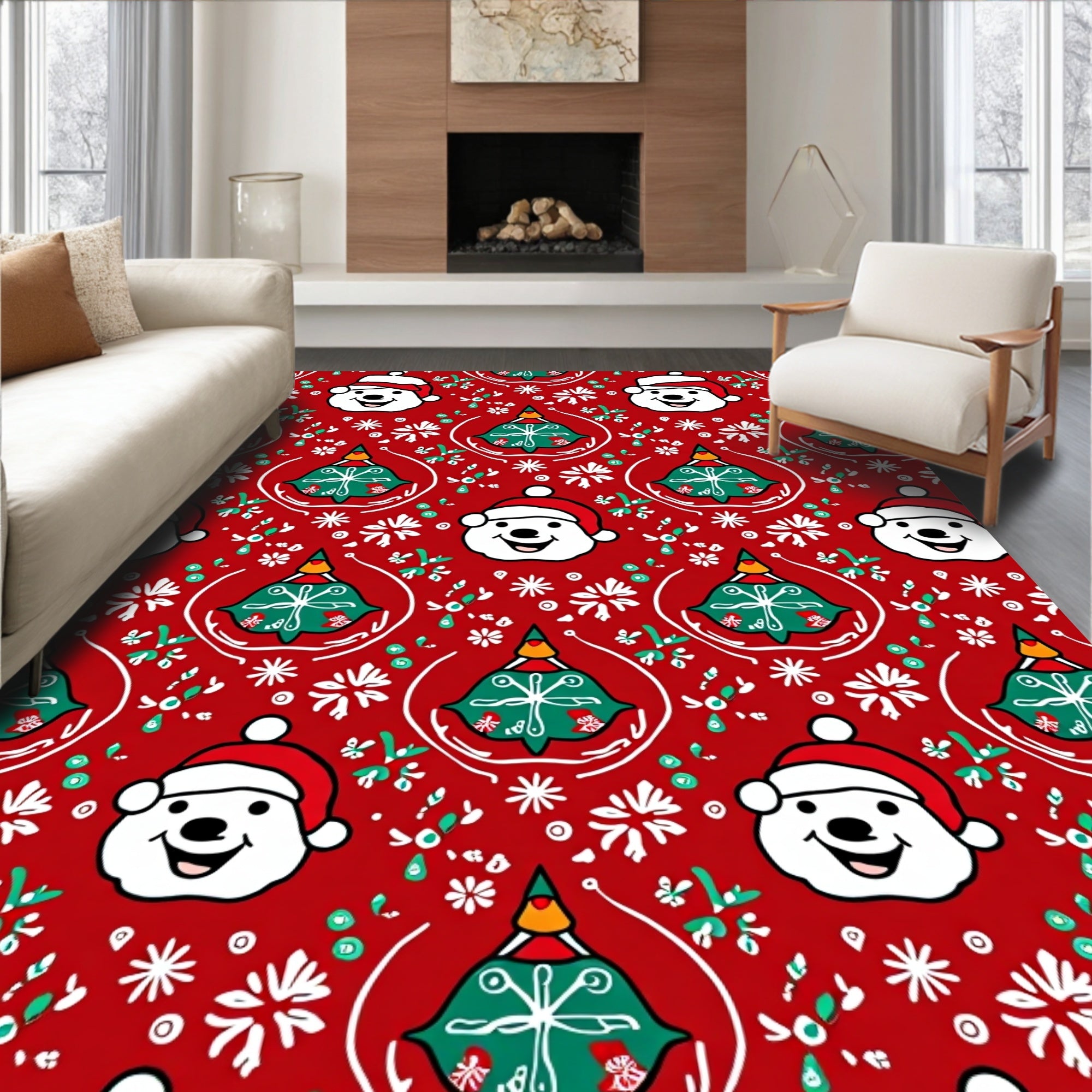Joyful Red Christmas Snowman Tree Rug