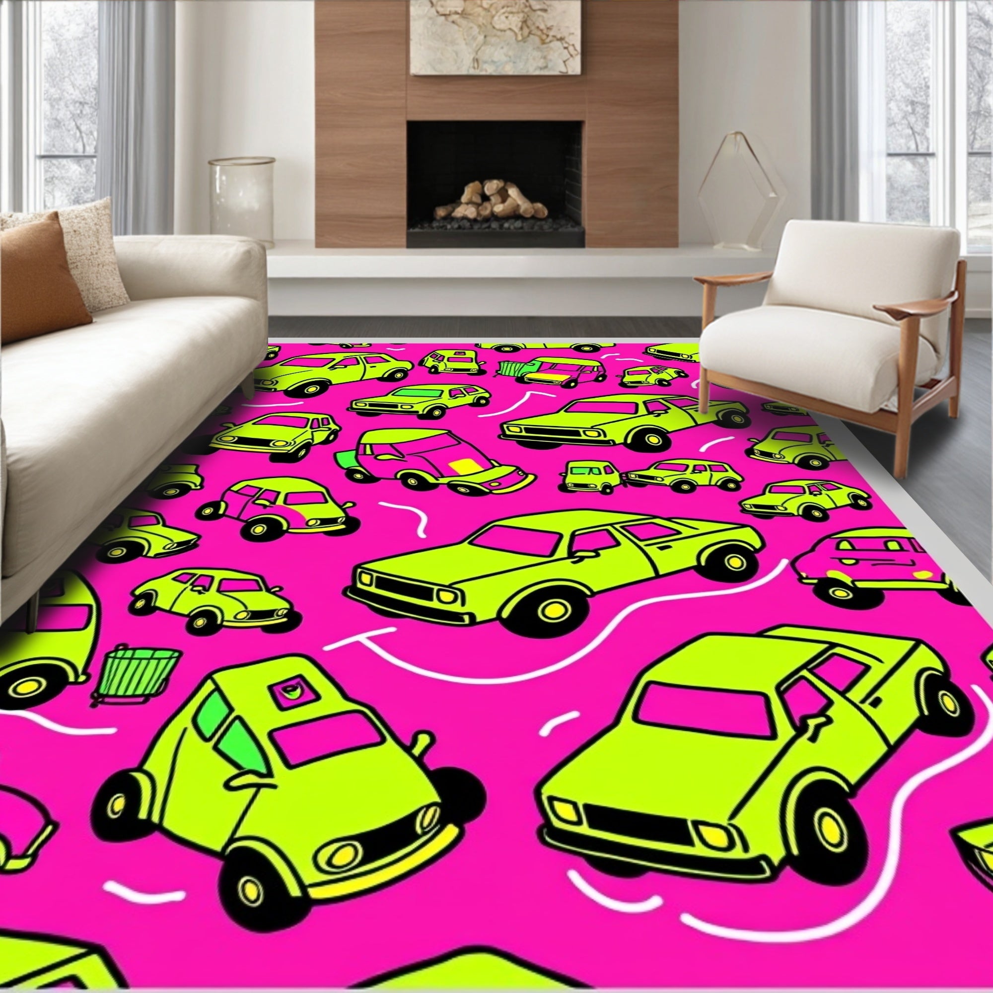 Lime Green Cars on Pink Background Rug