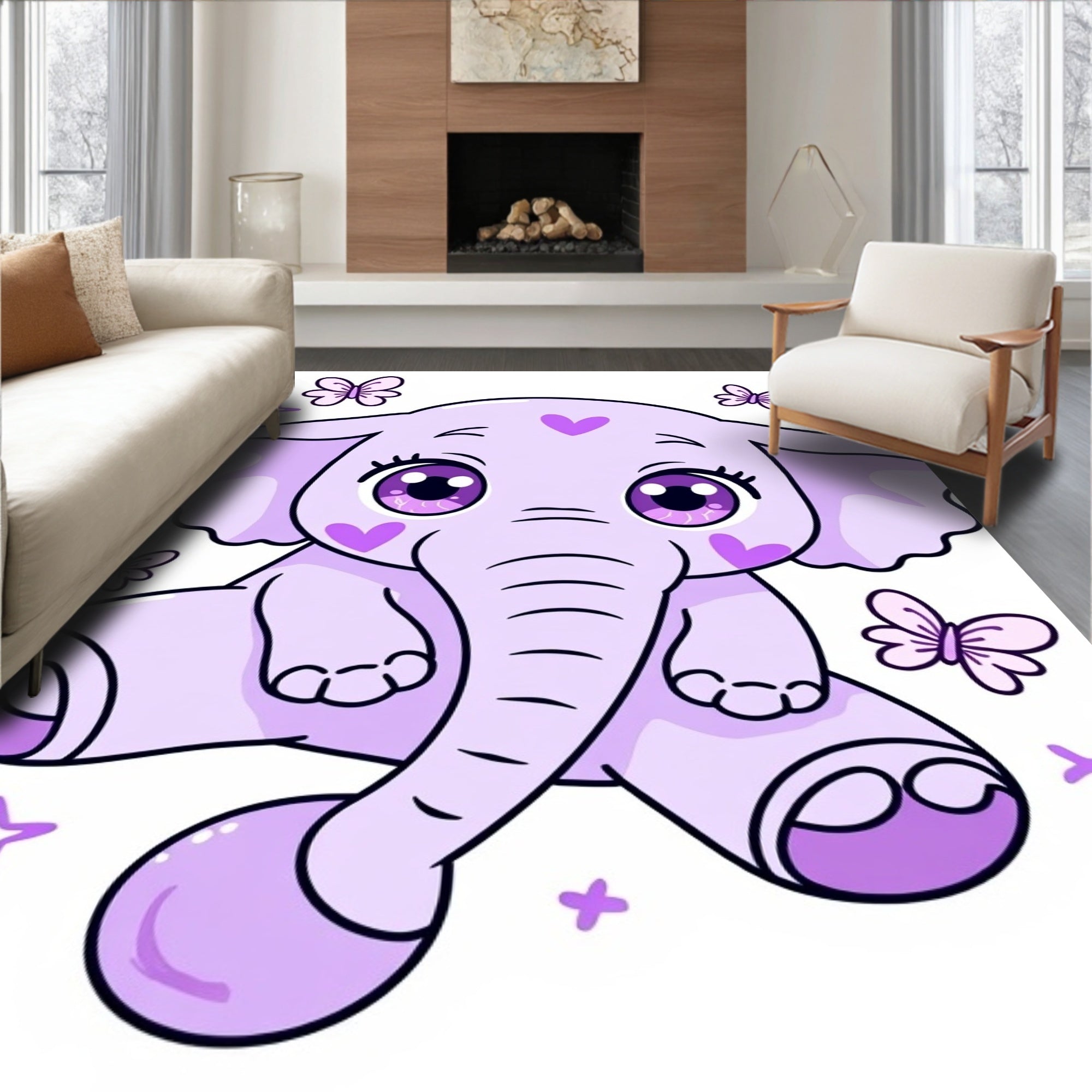 Kawaii Purple Elephant Butterfly Dream Rug