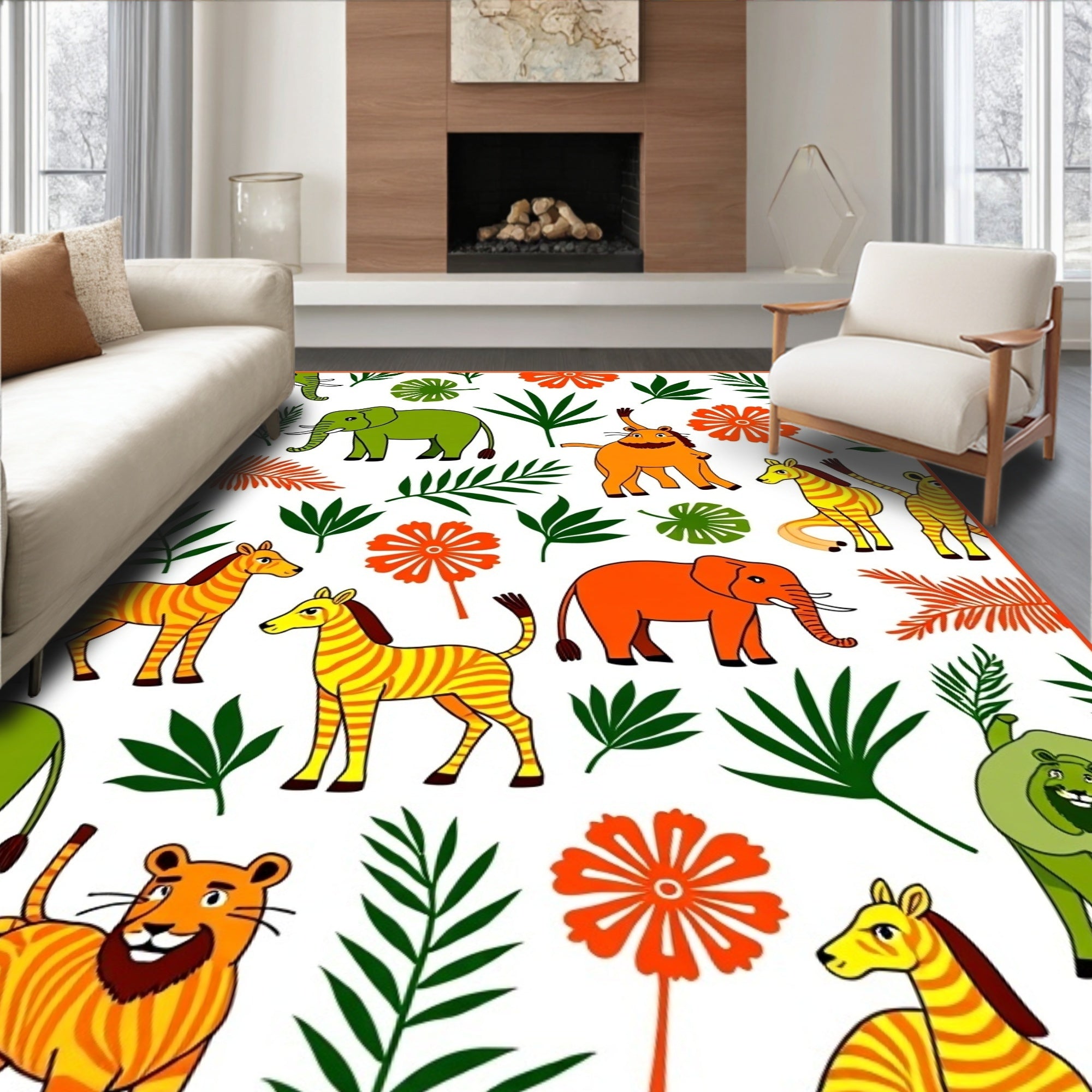 Playful Safari Animals Orange Green Zebras Rug