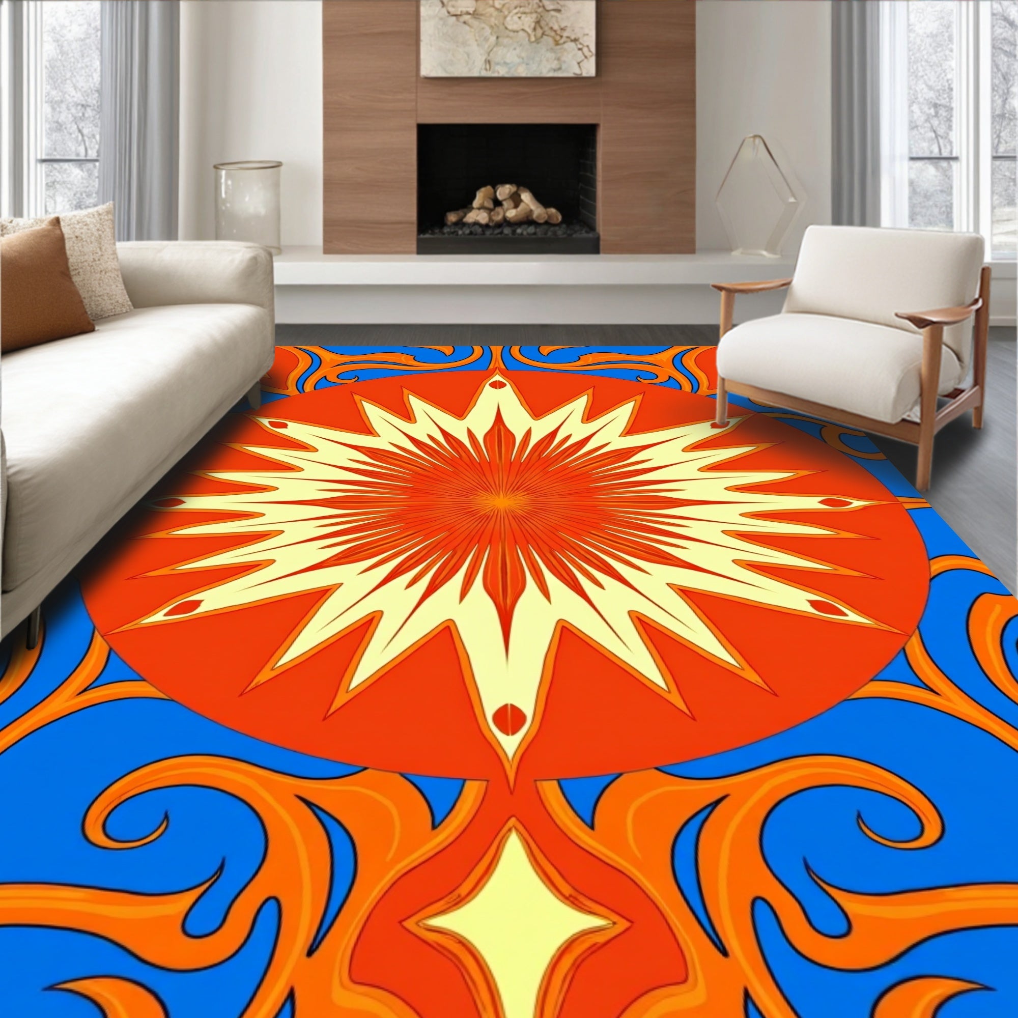Vibrant Orange Sunburst Swirl Rug