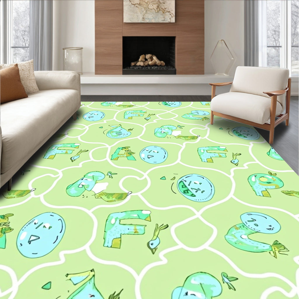 Whimsical Mint Green Lettered Whimsical Creatures Rug